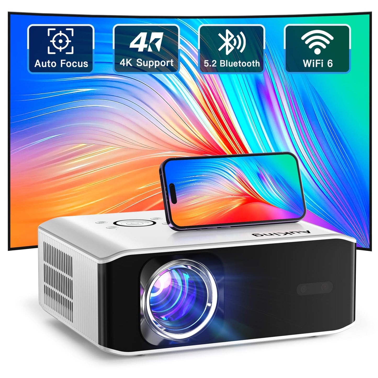 AuKing Projector, 2024 Upgraded Mini Projector, Full HD 1080P Home Theater Video Projector, Compatible with HDMI/USB/AV/Smartphone/TV Box/Laptop