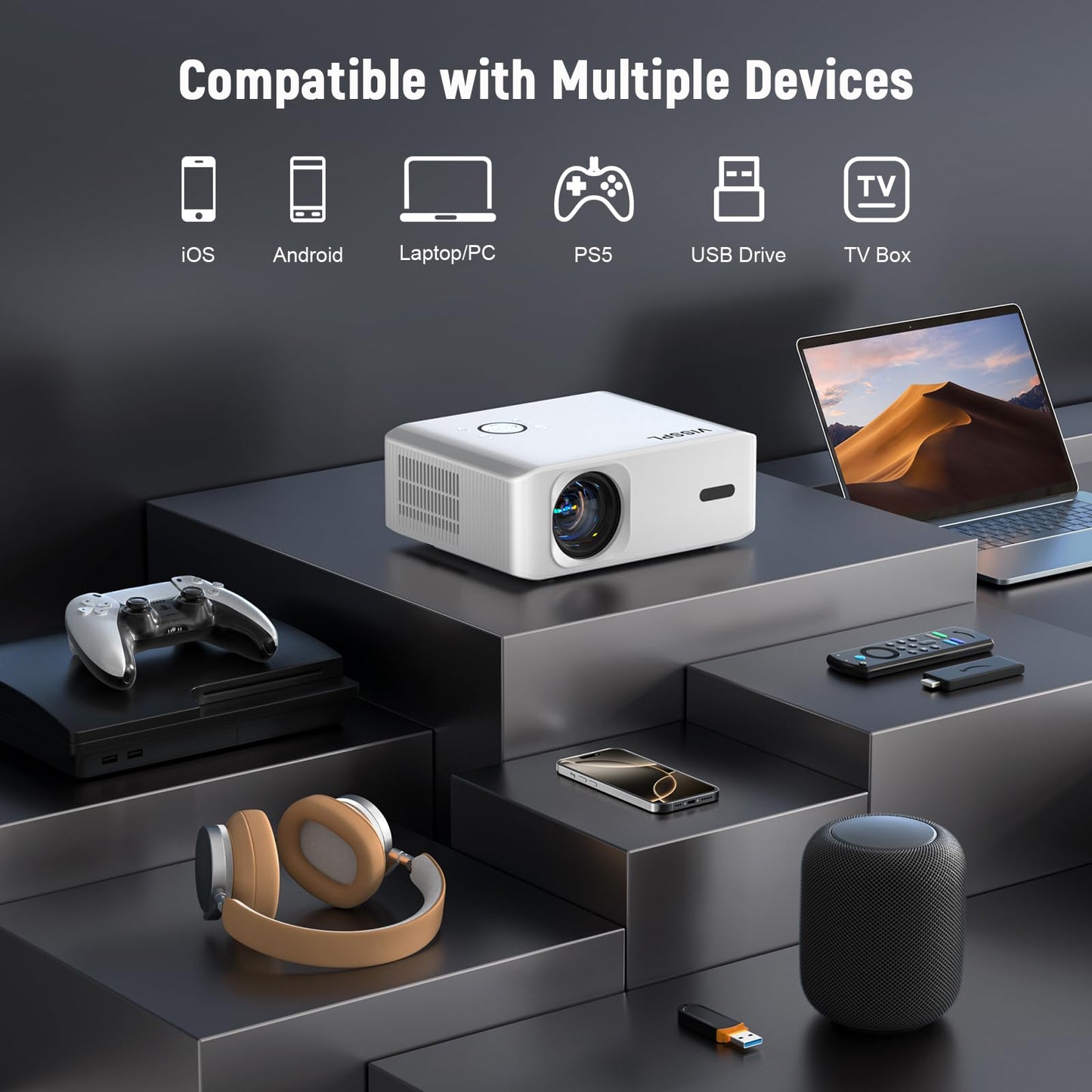 Mini Projector, VISSPL Full HD 1080P Video Projector, Portable Outdoor Projector with Tripod, Kids Gift, Home Theater Movie Phone Projector Compatible with Android/iOS/Windows/TV Stick/HDMI/USB