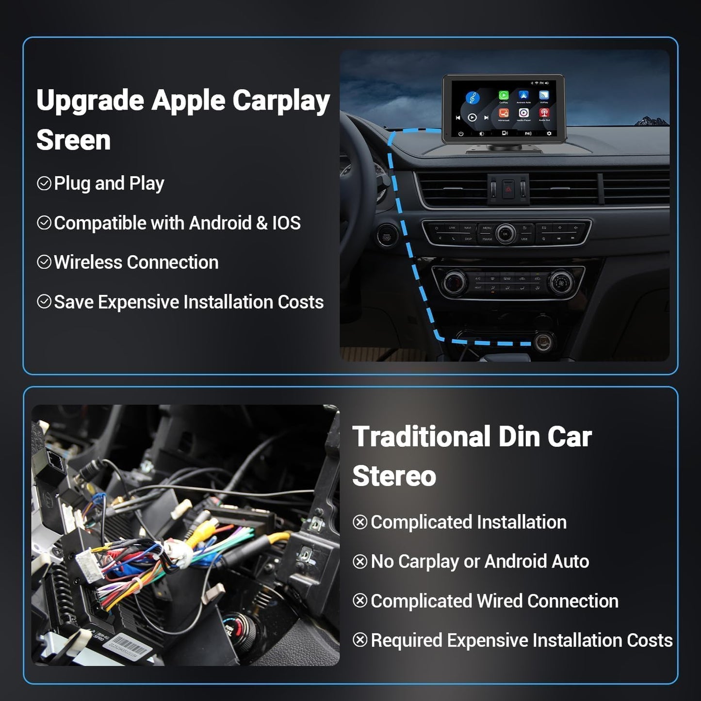 Wireless Car Stereo Compatible with Apple CarPlay and Android Auto,7" HD Portable Bluetooth CarPlay Touch Screen for Car,with Backup Camera Car Play for All Cars