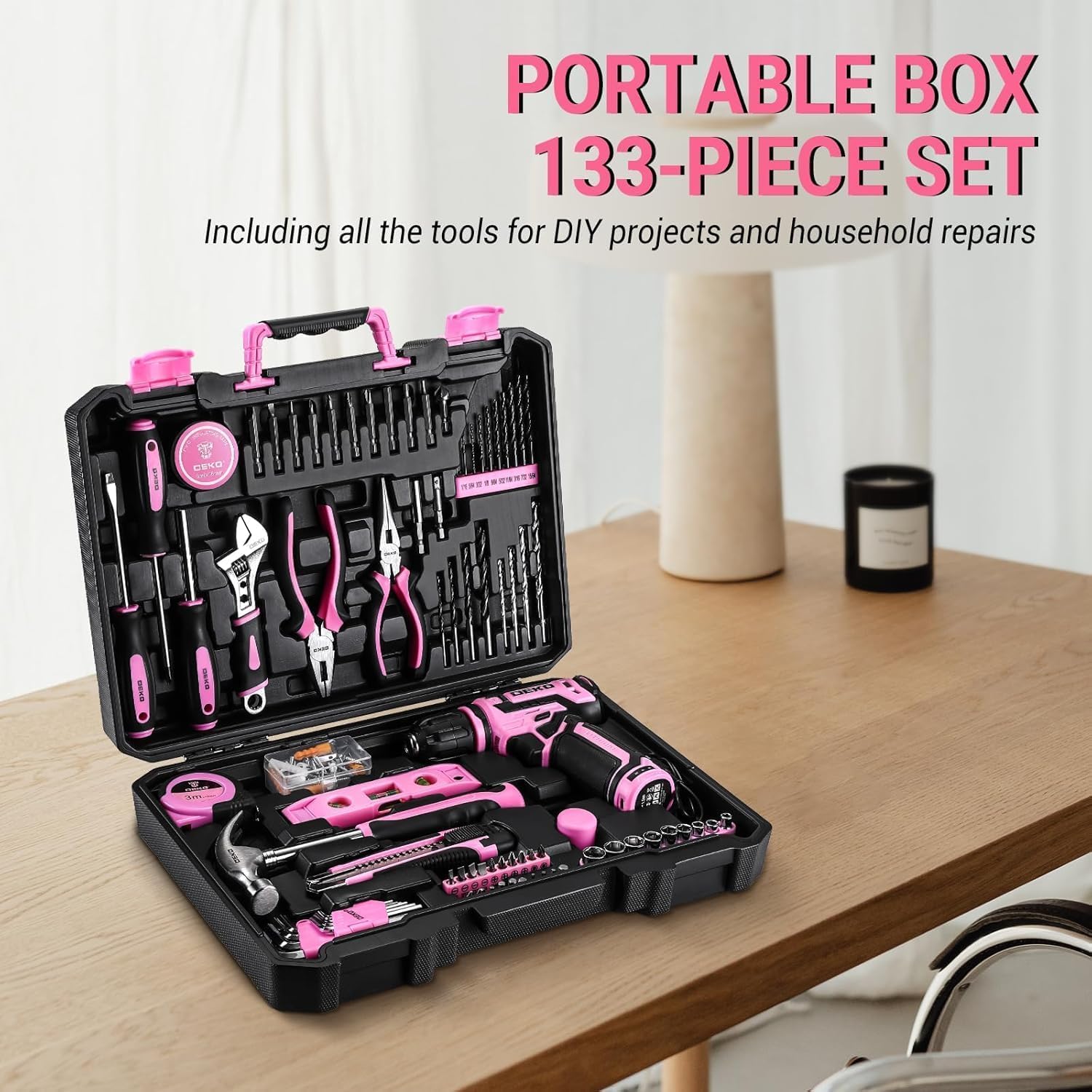 Pink Drill Tool Set Kit: Power Cordless Drill Tool Box with 12V Battery Electric Pink Drill Driver Set for Women Home Hand Repair Tools Sets Drills Case