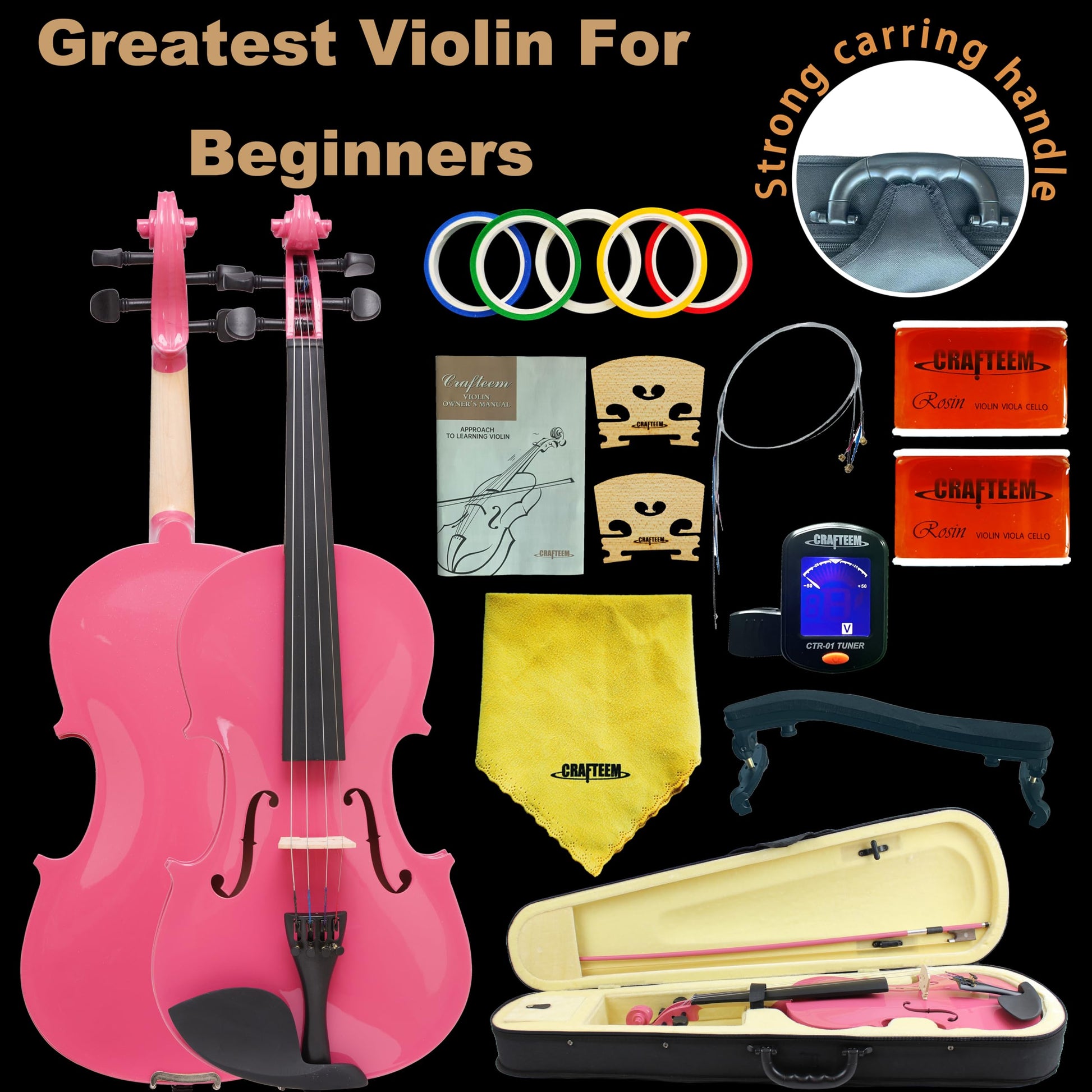 1/2 Fiddle Black Colored Premium Violin Outfit for Beginners Adults Kids With 5 Color Fingering Tape- Handcrafted Student Beginner Violin.(Black, 1/2)