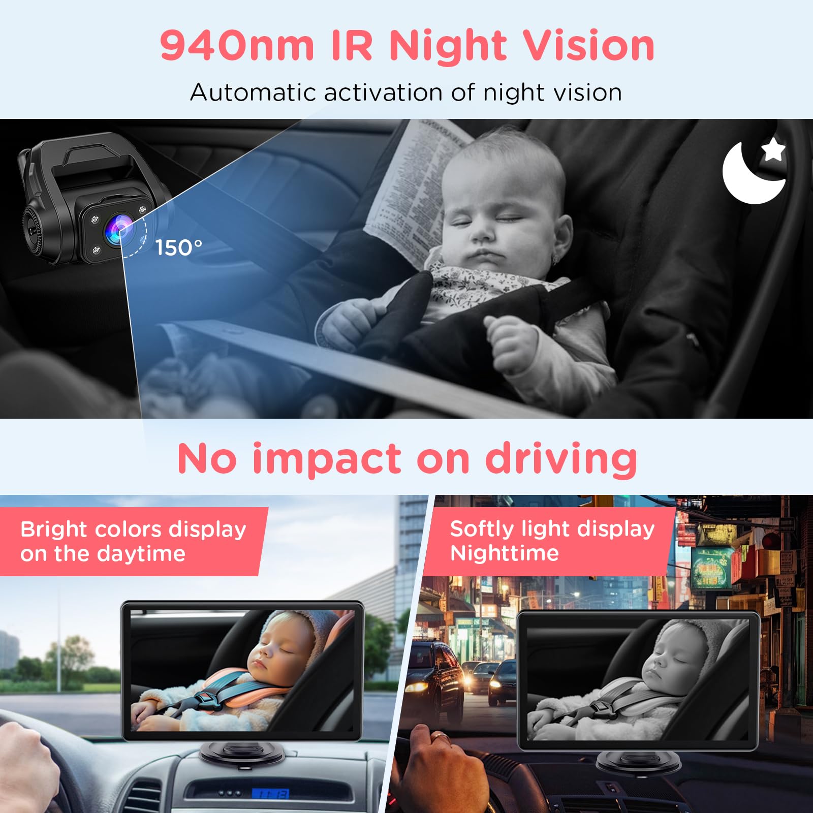 Baby Car Camera, 7'' 2K Mirror Monitor with Night Vision, Video Recording, and 3X Zoom for Clear Wide View of Rear-Facing Seat