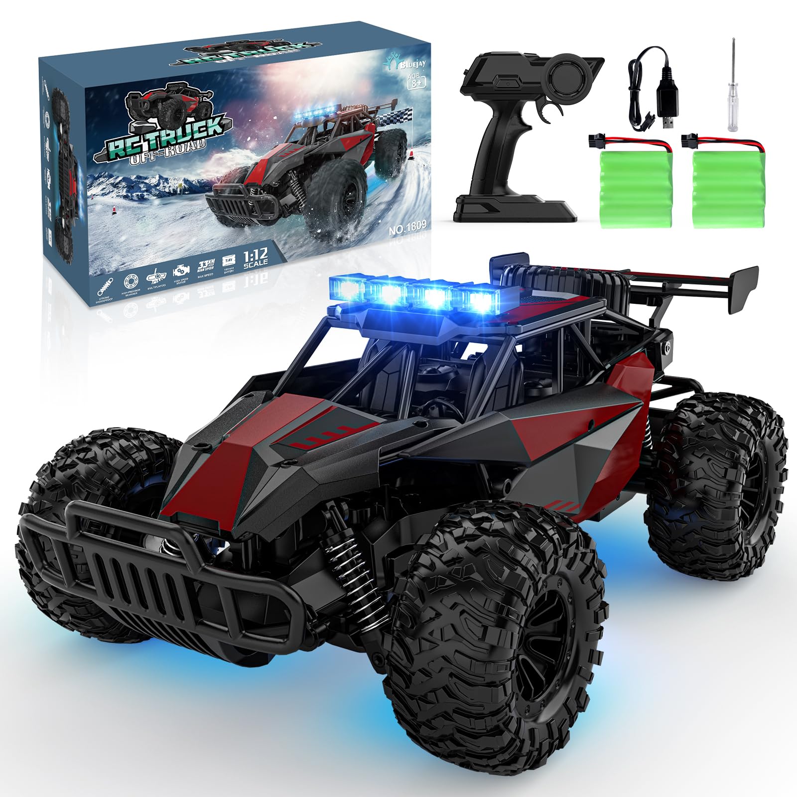 BLUEJAY Remote Control Car, 2.4GHz High Speed 33KM/H RC Cars Toys, 1:12 Monster RC Truck Off Road with LED Headlight and Rechargeable Battery Gifts for Adults Boys 8-12