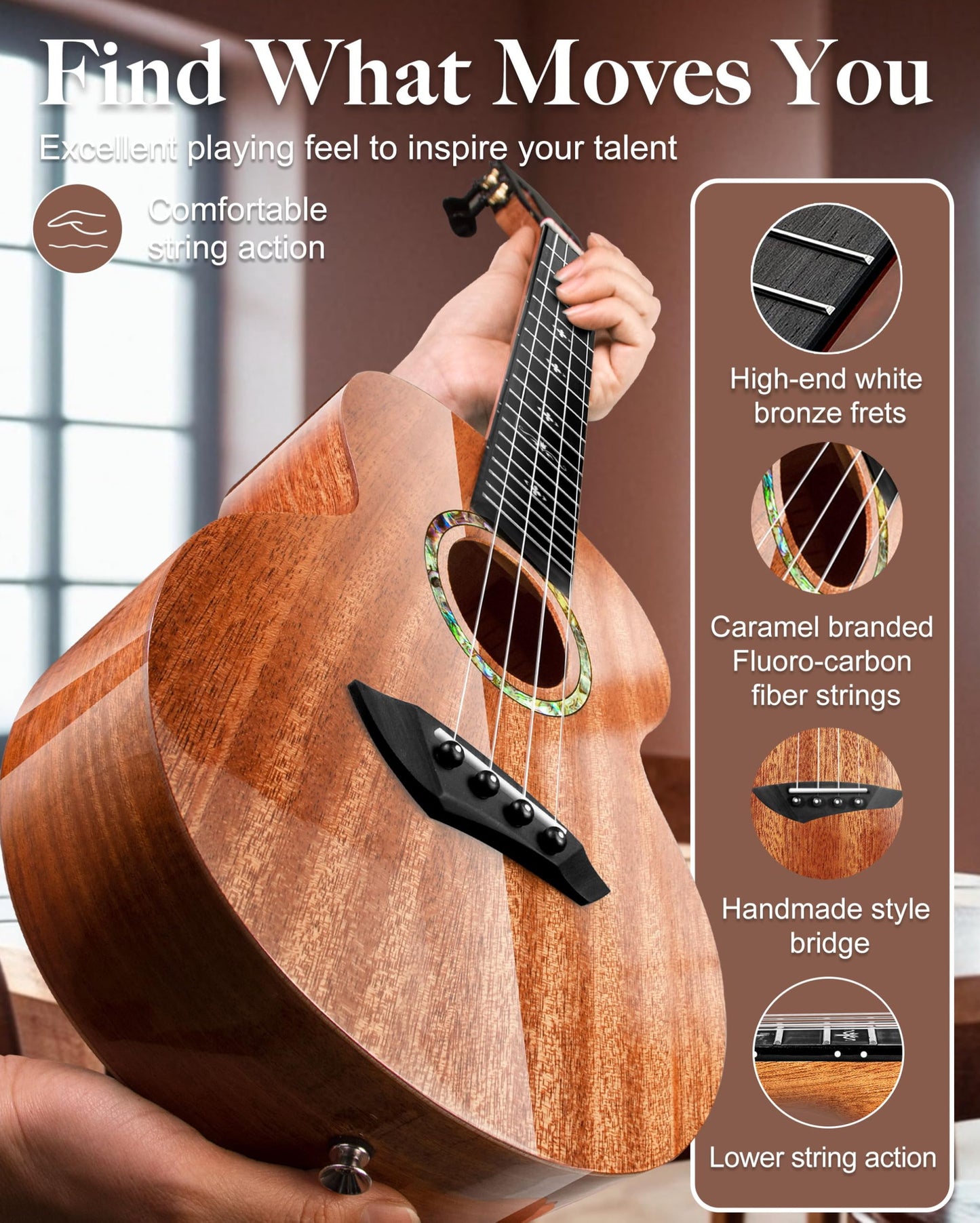 Caramel CAG94 Glossy Black Ebony 23" Concert Ukulele for Beginner | Handmade Ukelele Starter Kit