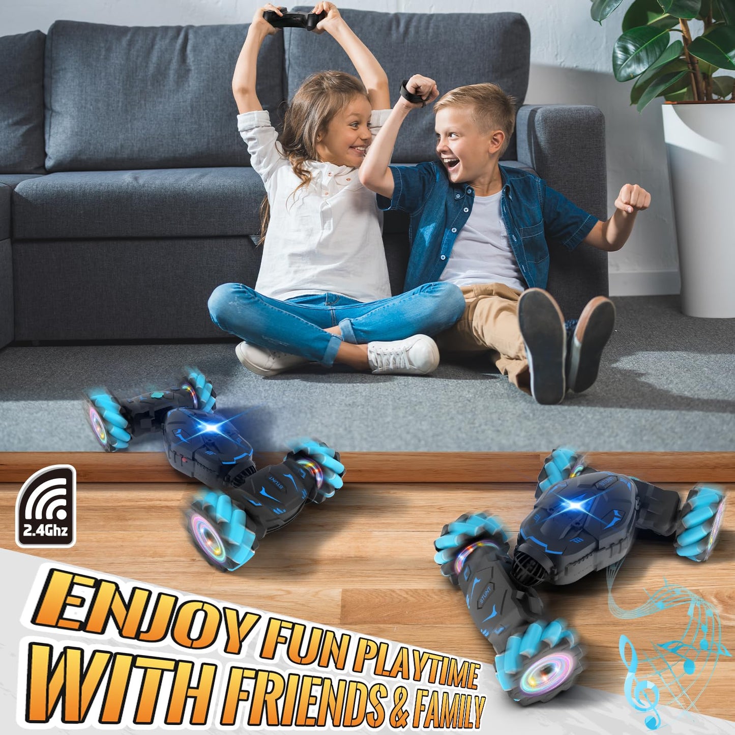 Pristar RC Car Toys for Boys Girls 6-12, Gesture Sensing RC Stunt Car 2.4Ghz 4WD Remote Control Car with Lights Music Double Sided Flip 360° Rotate Off-Road, Birthday Xmas Gifts for Kids Aged 6-12