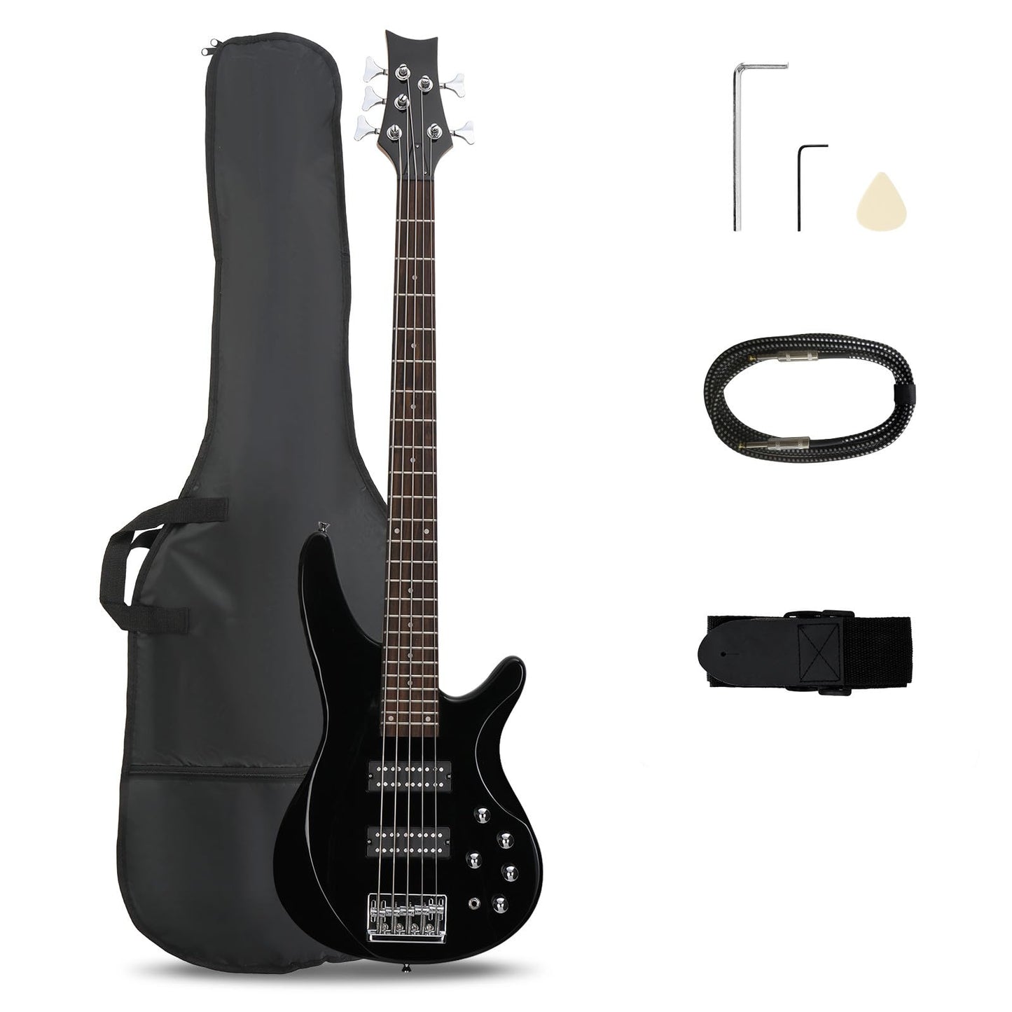 Ktaxon 5 String Electric Bass Guitar, Full Size Standard Right Handed Rosewood Fretboard Bass Kit with Gig Bag Strap Cable Wrench Tool (Black)