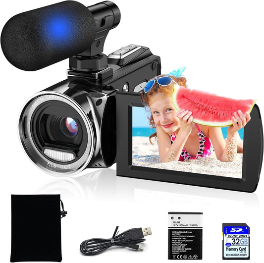 Video Camera Camcorder YouTube 4K 48MP Vlogging Camera Recorder 3.0 Inch 270 Degree Rotation Screen 18X Digital Zoom Video Camera for Kids with Microphone and 32G SD Card