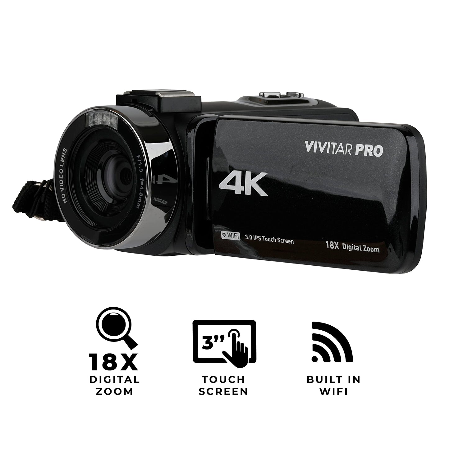 Vivitar 4K Video Camera, Wi-Fi Ultra HD Camcorder with 18x Digital Zoom, 3” IPS Touchscreen Video Recorder with Night Vision, Vlogging Camera with 3.5mm Microphone Jack, Rechargeable, SD Card Slot