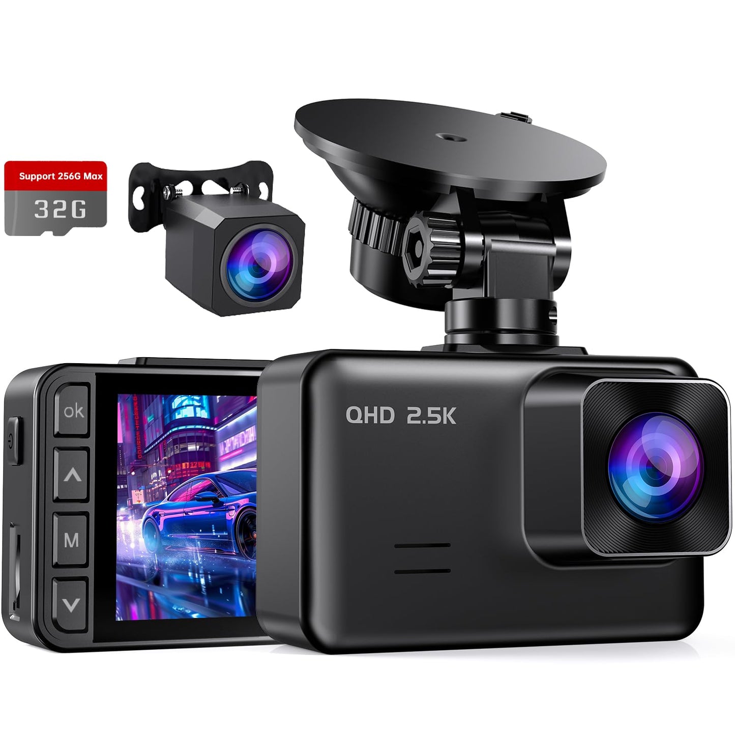 Dash Cam Front and Rear, 2.5K+1080P Dual Dash Camera for Cars, 2’’ Display Mini Car Camera, G-Sensor Dashcam, Night Vision, 24H Parking Mode, Loop Recording, 170°Wide Angle, 32GB Card Included