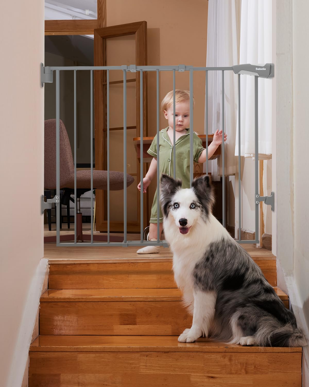 Babelio 26-43" No Bottom Bar Baby Gate for Babies, Elders and Pets, 2-in-1 Hardware Mount Dog Gate for The House, Stairs and Doorways, with Large Walk Thru Door, Black