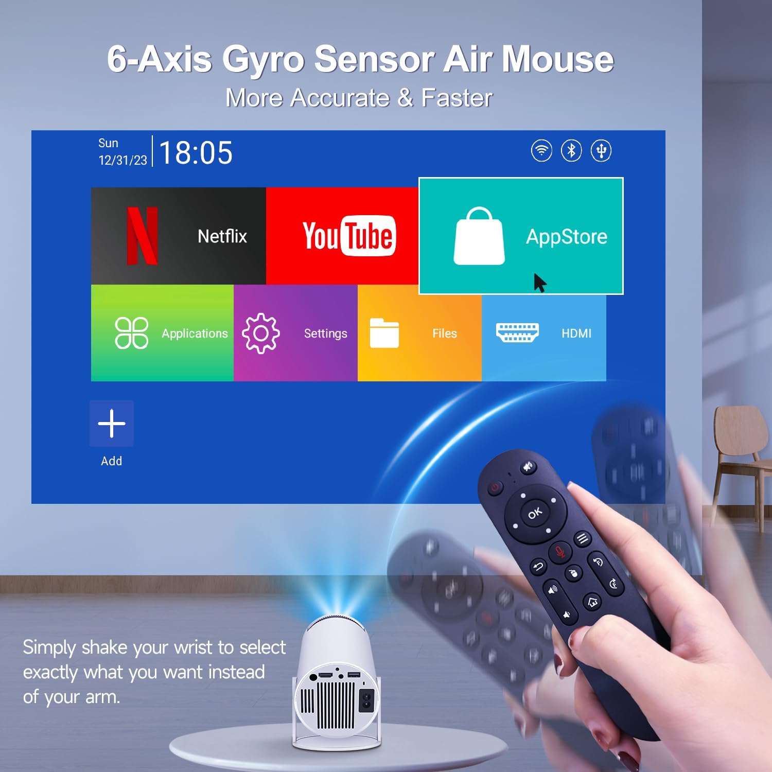 HY300PRO Mini Projector with WiFi and Bluetooth, 4K Support Smart Portable Projector Auto Keystone , Air Mouse Remote, Voice Control, 180 Degree Rotation, Home Video Proyector Android 11