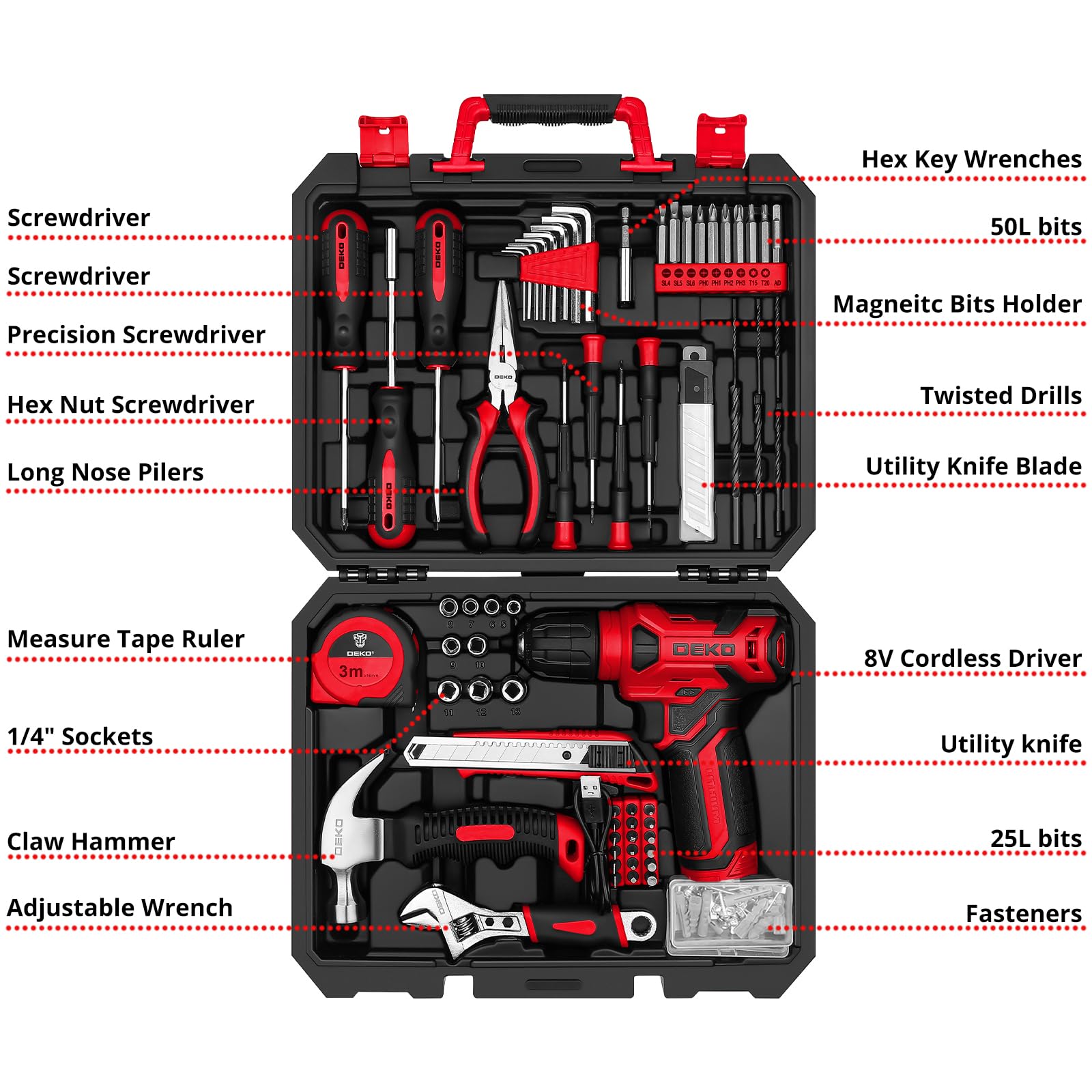 DEKOPRO Drill Set: Tool Set with 8V Red Cordless Drill, Home Tool Kit with Drill, Hand Tool Kits for Women 126 Piece