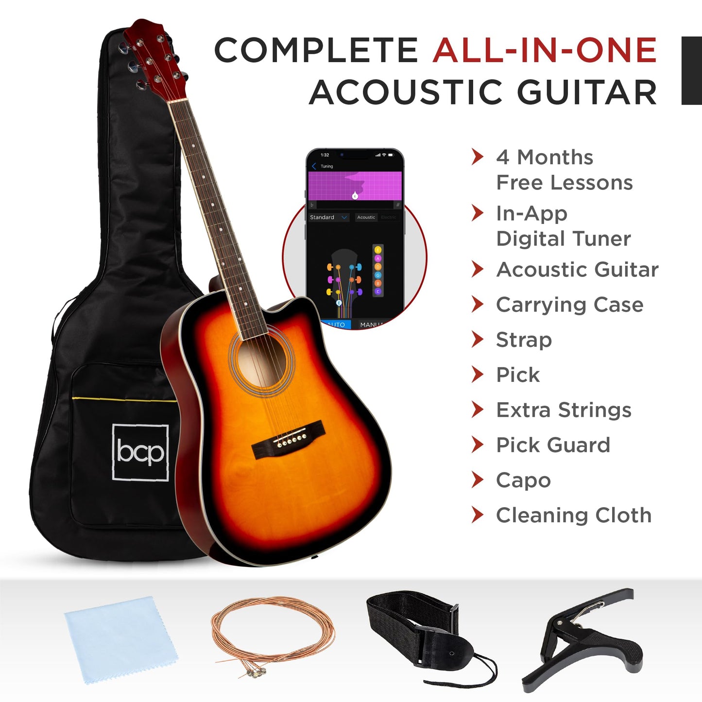 Best Choice Products 41in Beginner Acoustic Guitar Full Size All Wood Cutaway Guitar Starter Set w/Case, Strap, Capo, Strings, Picks - Aged Natural