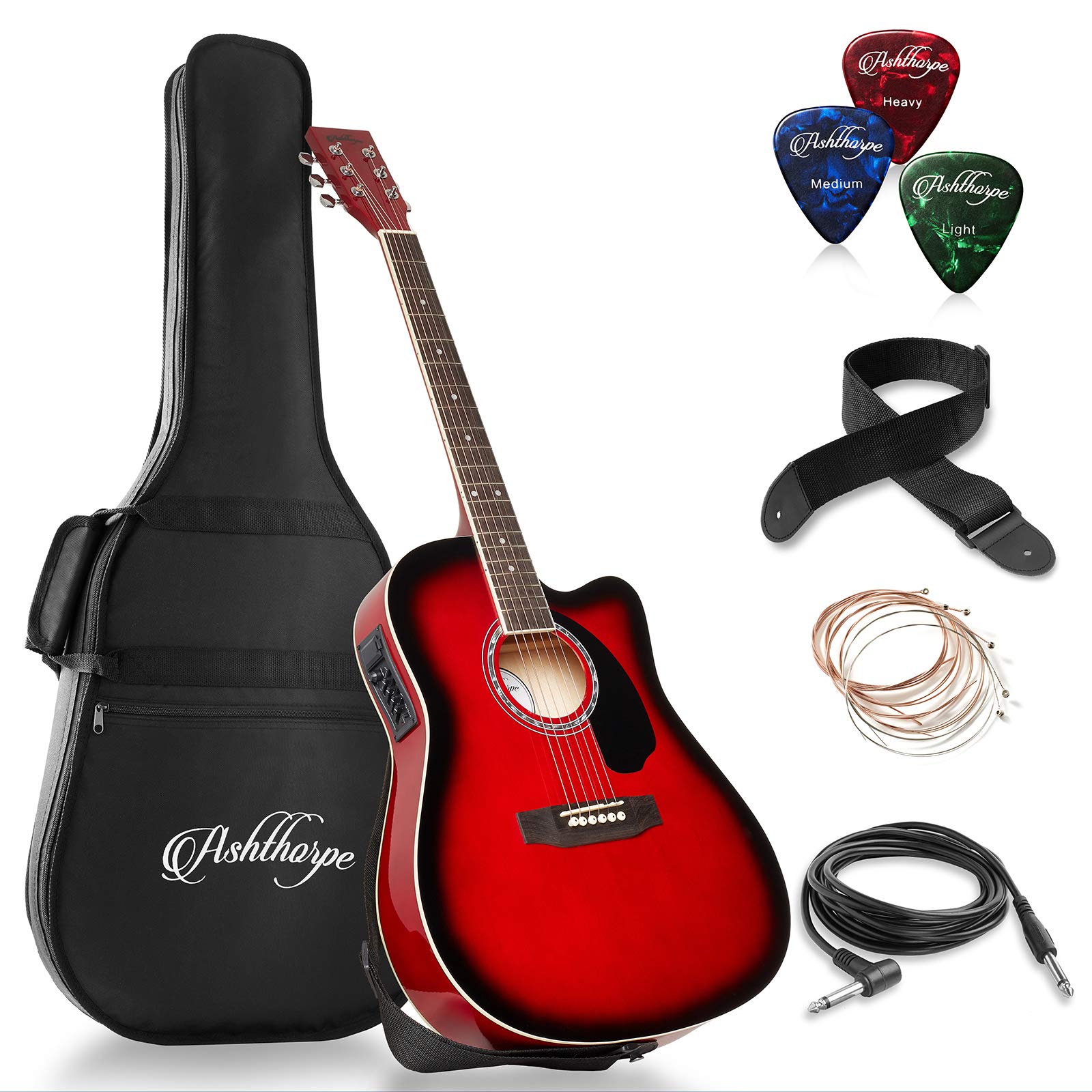 Ashthorpe Full-Size Cutaway Thinline Acoustic-Electric Guitar Package - Premium Tonewoods - Black