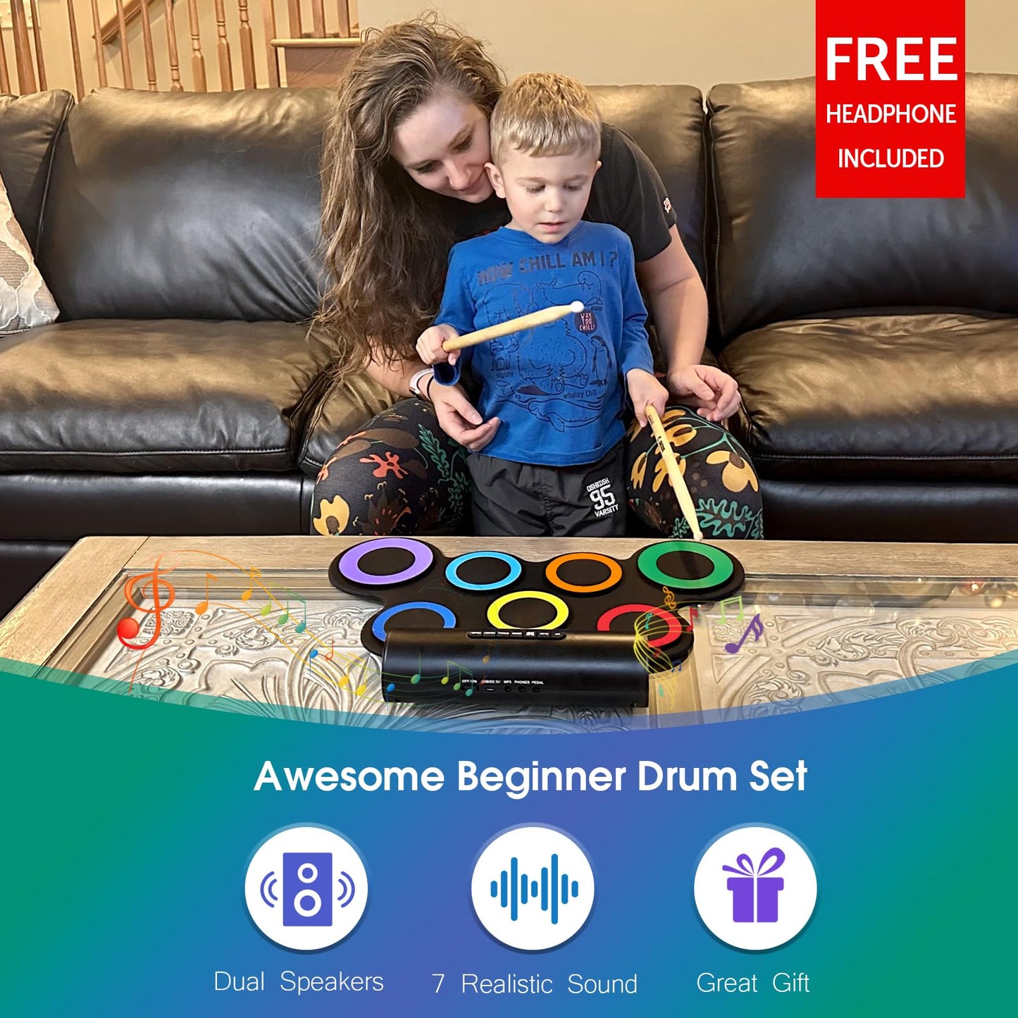 Electric Drum Set, 7-Pad Kids Electronic Drum Set with Headphone Included, Roll-up Drum Practice Pad, Great Holiday Xmas Birthday Gift for Kids