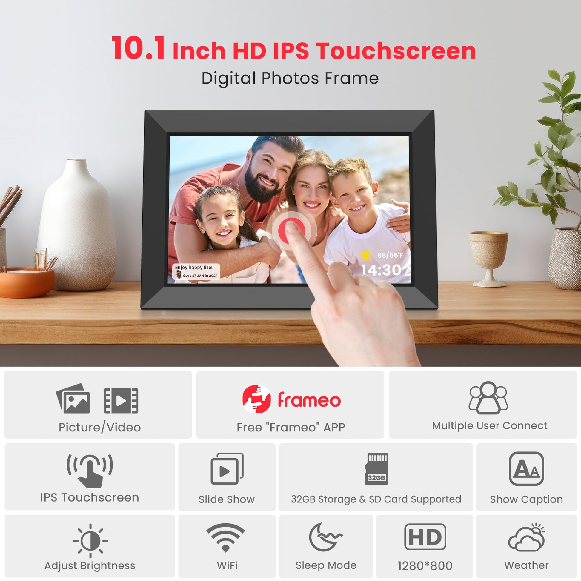 Frameo 10.1 Inch Digital Picture Frame, Smart WiFi Electronic Photo Frame with HD IPS Touch Screen Slideshow Display 32GB Memory Auto-Rotate Wall Mount, Share Photos/Videos from Phone by Frameo App