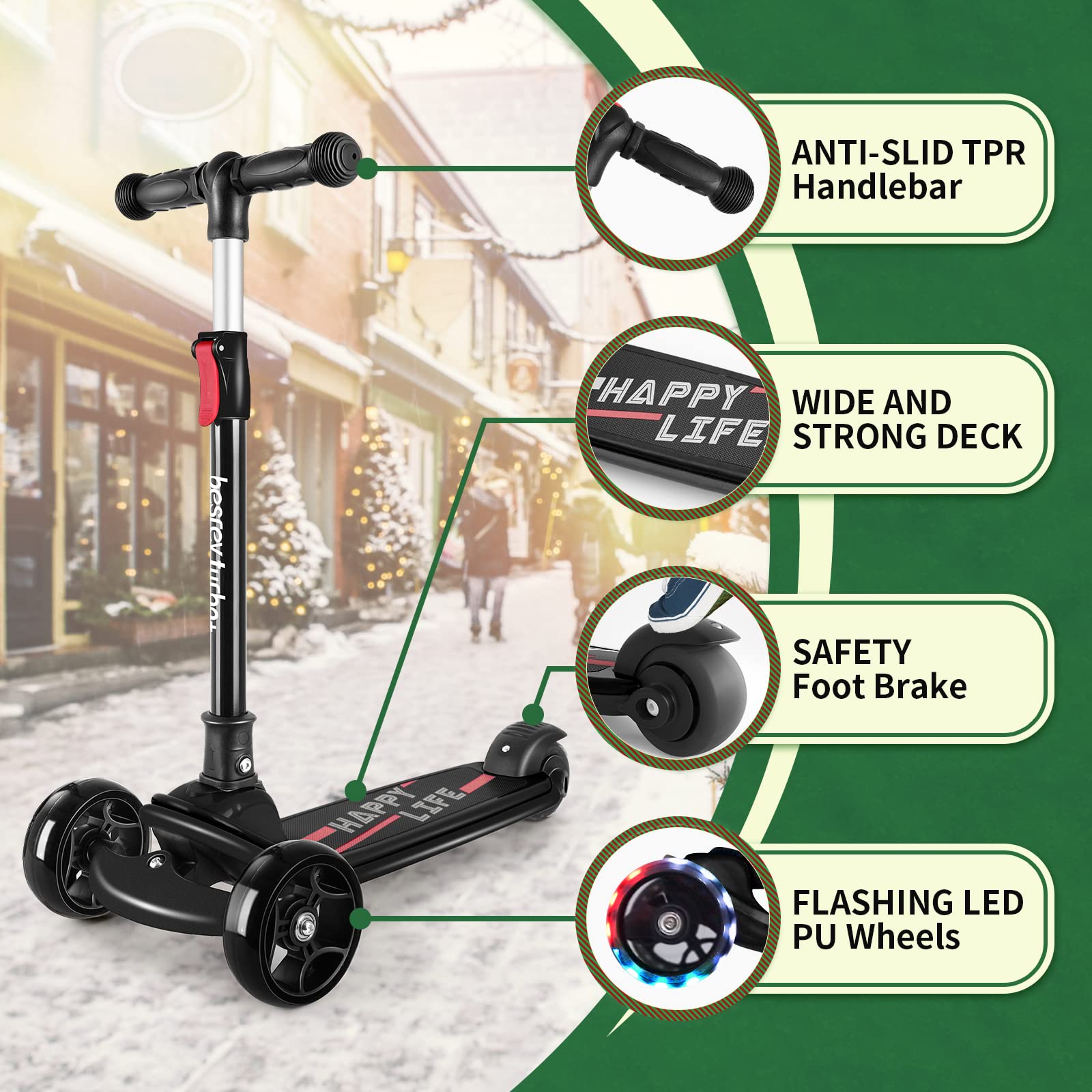 besrey Kick Scooter for Kids Ages 3-10, 3 Wheel Scooter for Kids with Adjustable Height, Folding Kids Scooter with LED Light Wheels Rear Brak Extra Wide Deck Outdoor Activities for Boys/Girls