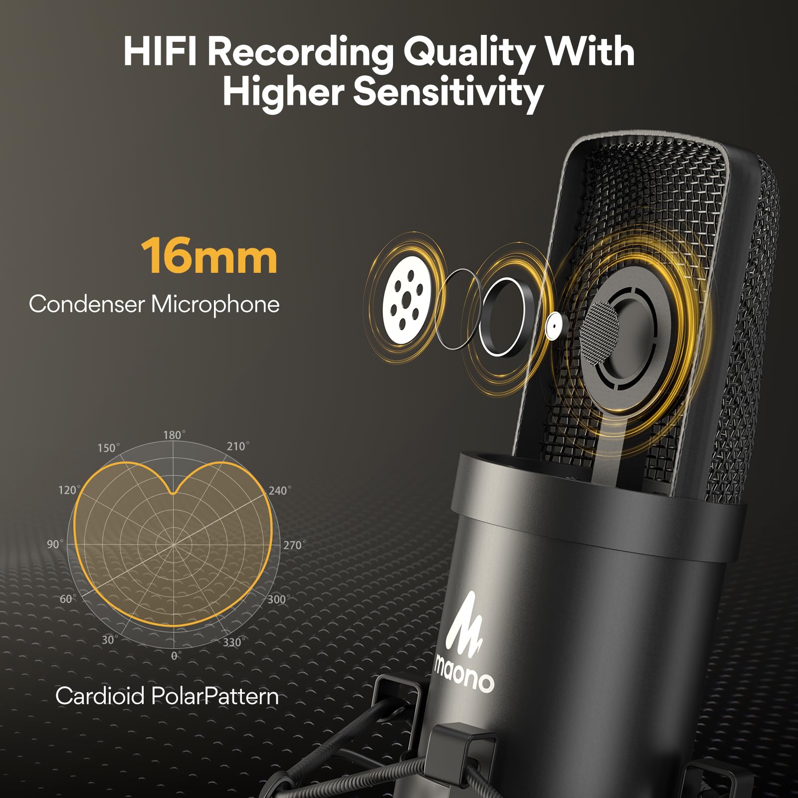 USB Microphone, MAONO 192KHZ/24Bit Plug &amp; Play PC Computer Podcast Condenser Cardioid Metal Mic Kit with Professional Sound Chipset for Recording, Gaming, Singing, YouTube (AU-A04)