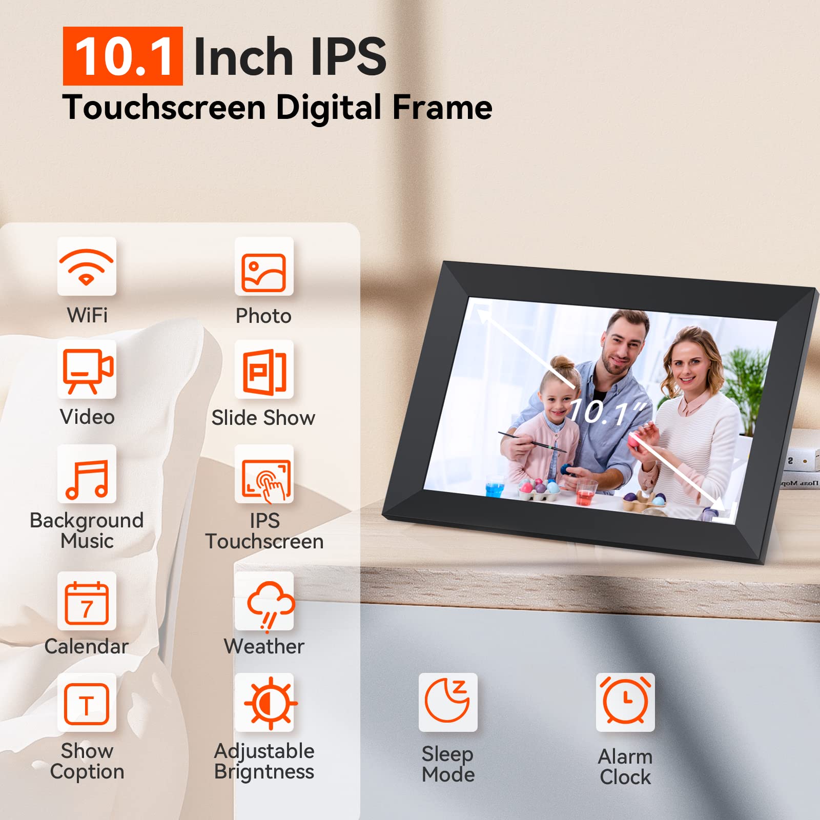 Digital Picture Frame 10.1 Inch WiFi Digital Photo Frame,1280 * 800 HD IPS Touch Screen Smart Cloud Photo Frame, to Share Photos Or Videos Remotely Via APP Email (Black)