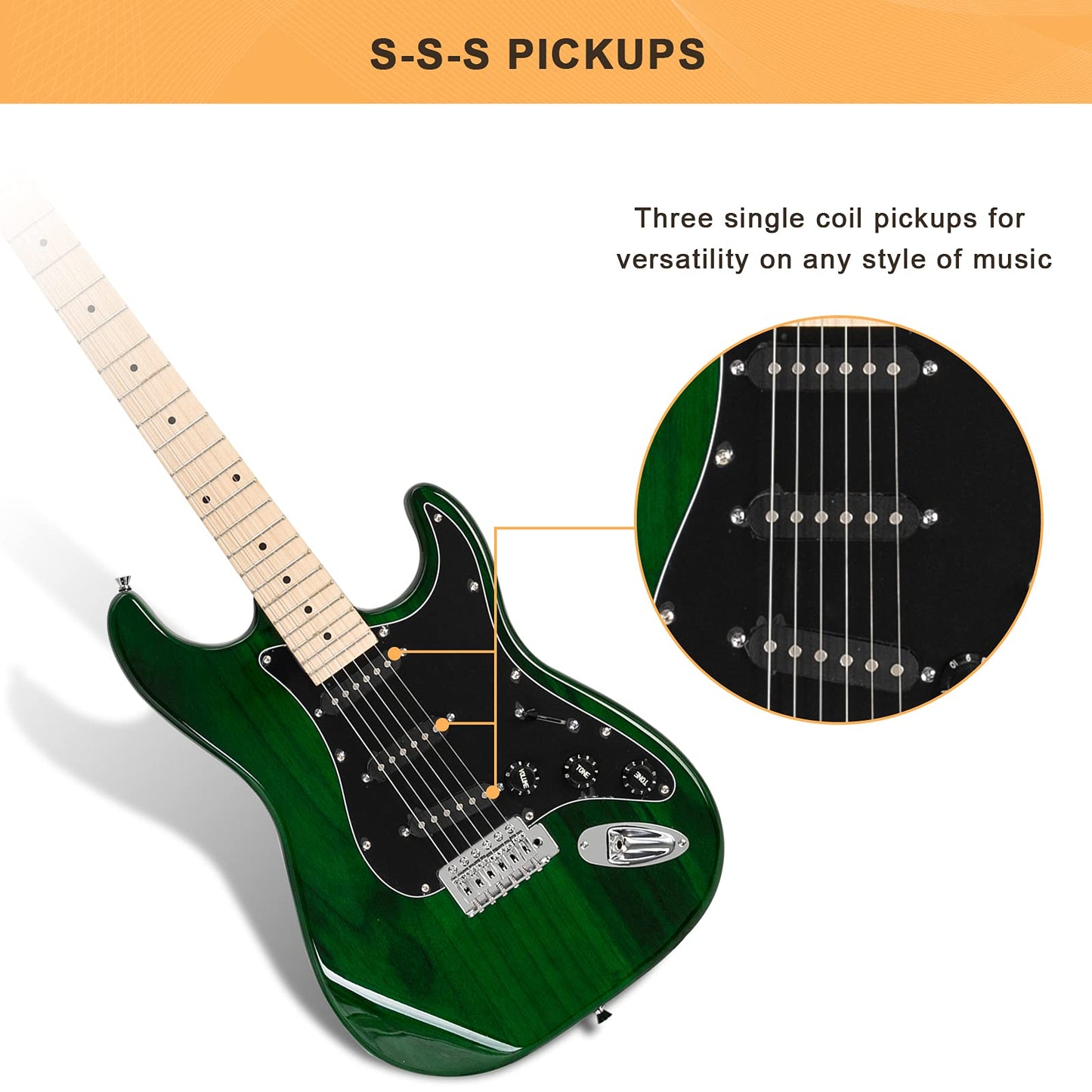 GLARRY Full Size Electric Guitar for Music Lover Beginner with 20W Amp and Accessories Pack Guitar Bag (Green)