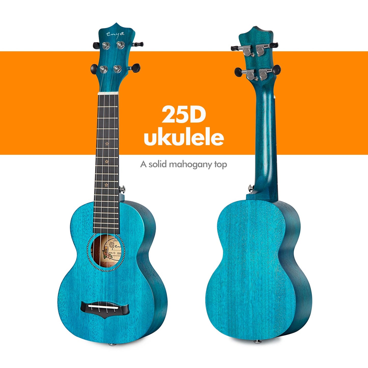 Enya Concert Ukulele 23 Inch Blue Solid Mahogany Top with Ukulele Starter Kit Includes Online Lessons, Tuner,Case, Strap, Strings, Capo, Sand Shaker, Pick,Polish Cloth (EUC-25D BU)