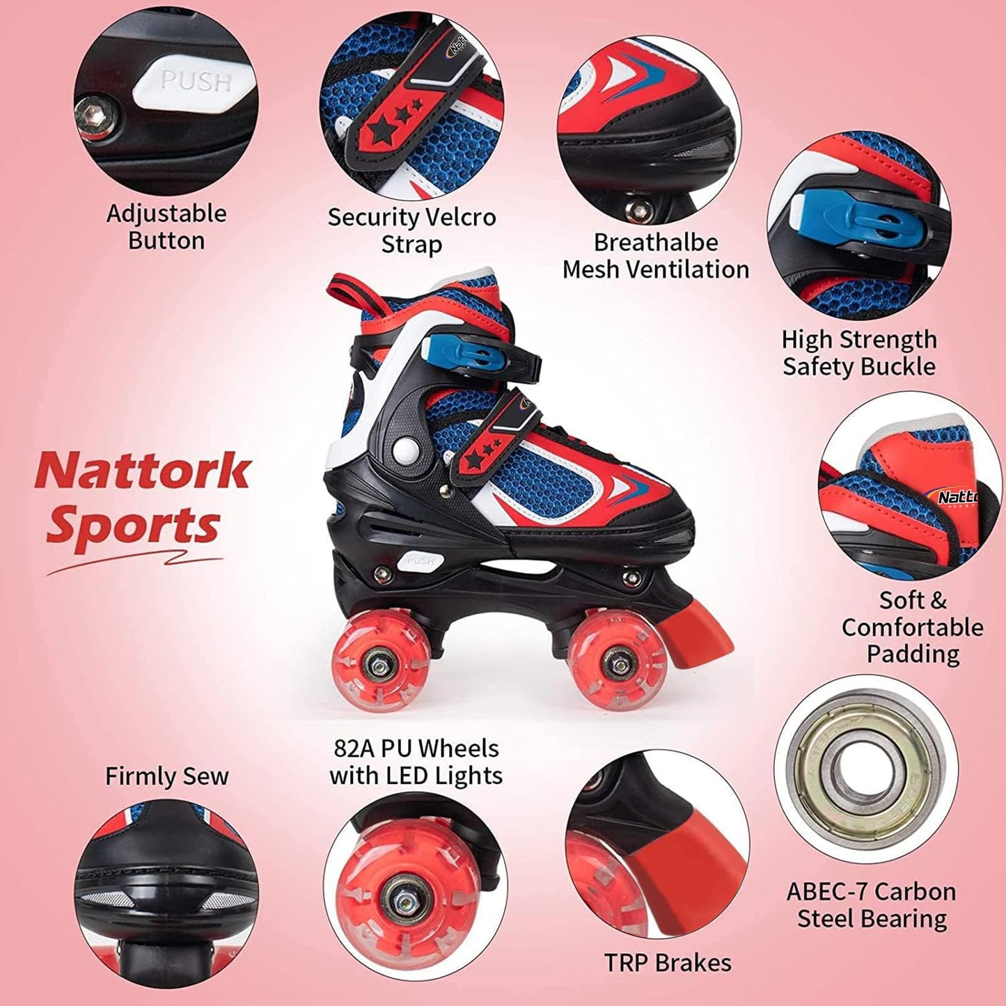 Nattork Kids Roller Skates for Boys Girls Kids, 4 Sizes Adjustable Quad Skates with All Light up Wheels - Birthday Gift for Indoor Outdoor Sports