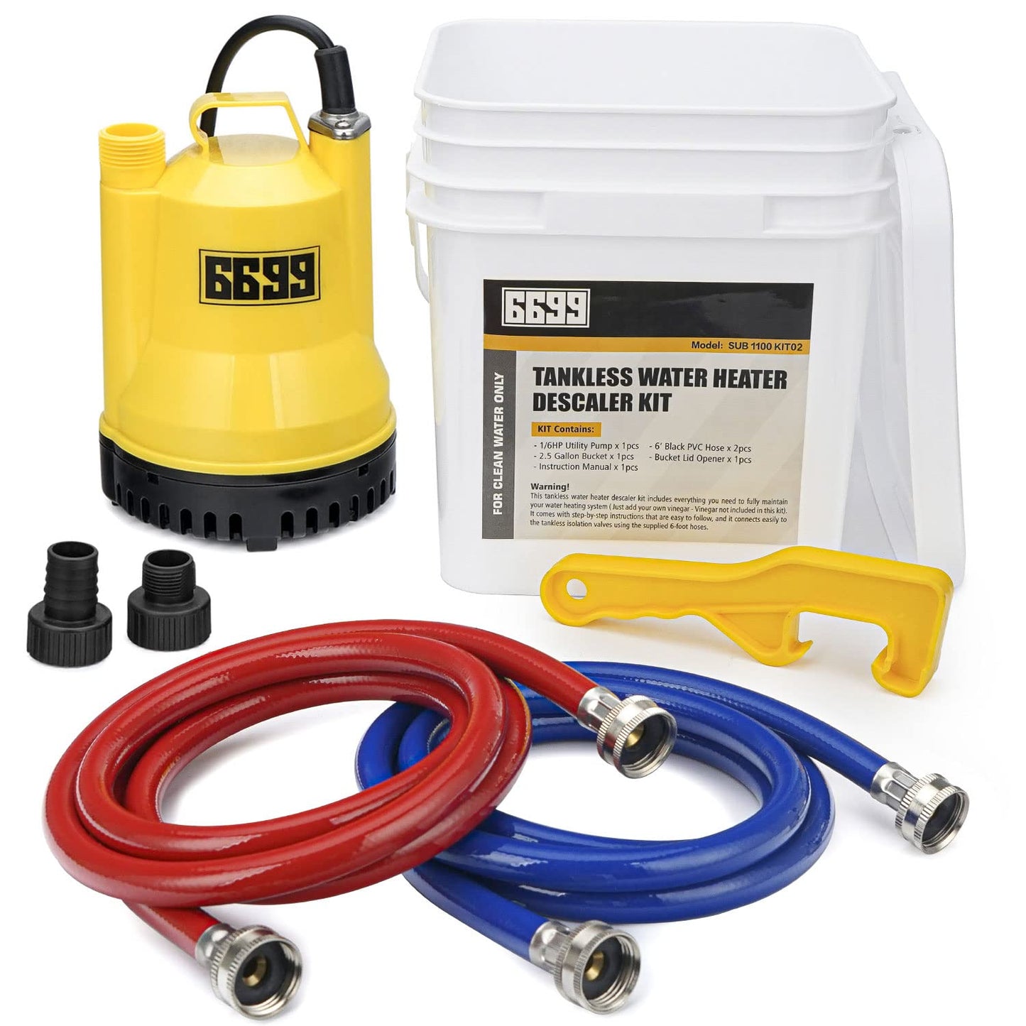 Tankless Water Heater Flushing Kit Includes 1/6HP Submersible Sump Pump with Two Adapters &amp; 3 Gallons Pail with Bucket Lid Opener &amp; Two 1/2” Dia X 6’ PVC Hoses with Washers