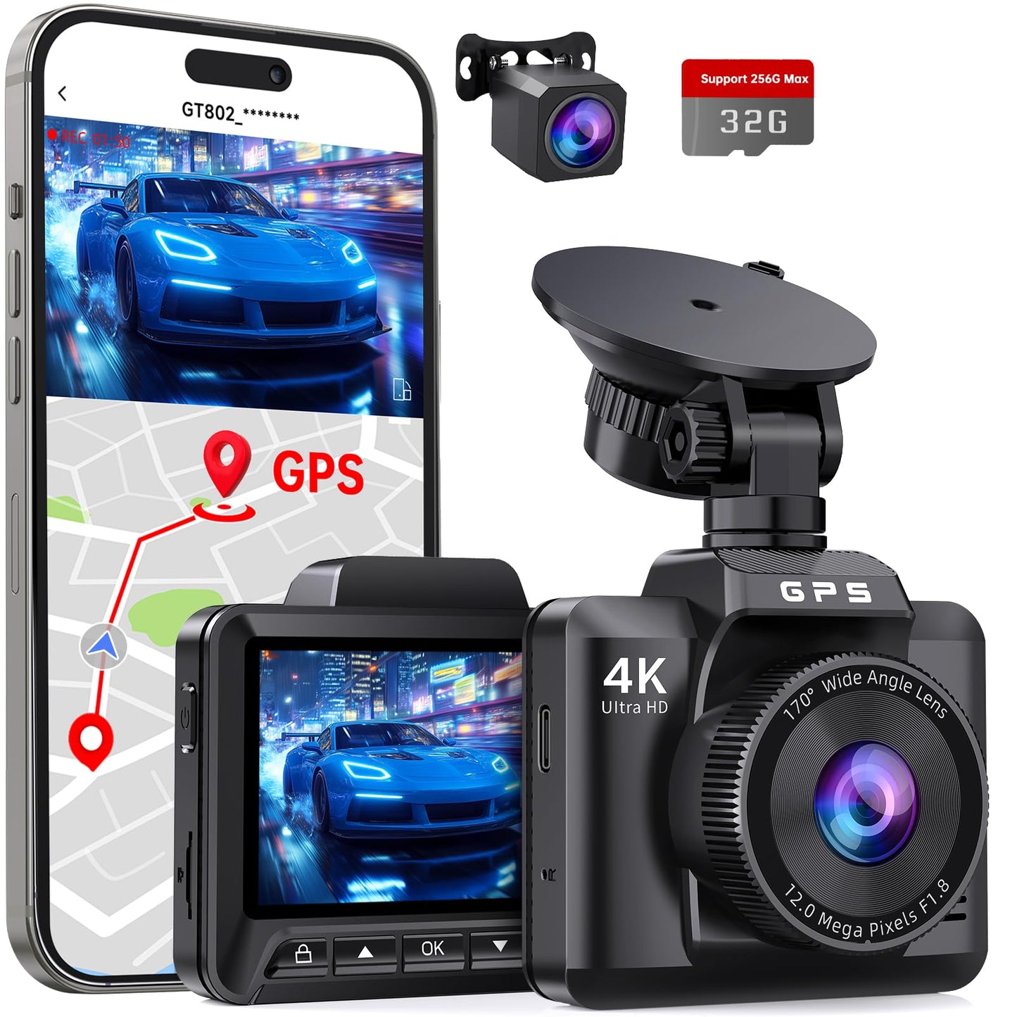 Dash Cam Front and Rear, Ecomoment 4K+1080P Dual Dash Camera for Cars, Built-in WiFi GPS Dashboard Camera, 2.4" IPS Screen Dashcam, 170° Wide, Night Vision, WDR, G-Sensor, 32GB SD Card Included