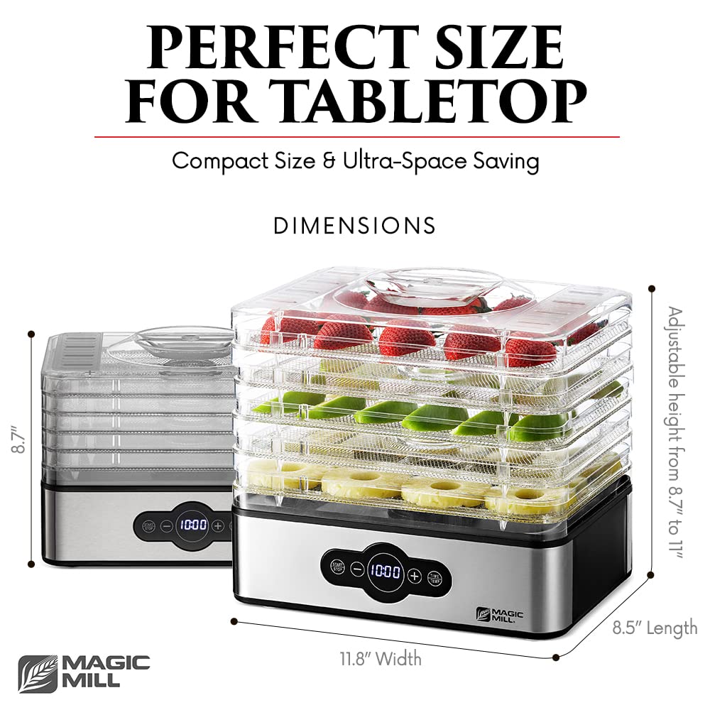 Magic Mill Food Dehydrator Machine | 5 Stackable Stainless Steel Trays Jerky Dryer with Digital Adjustable Timer &amp; Temperature Control - Electric Food Preserver for Fruits, Veggies, Meats &amp; Dog Treats