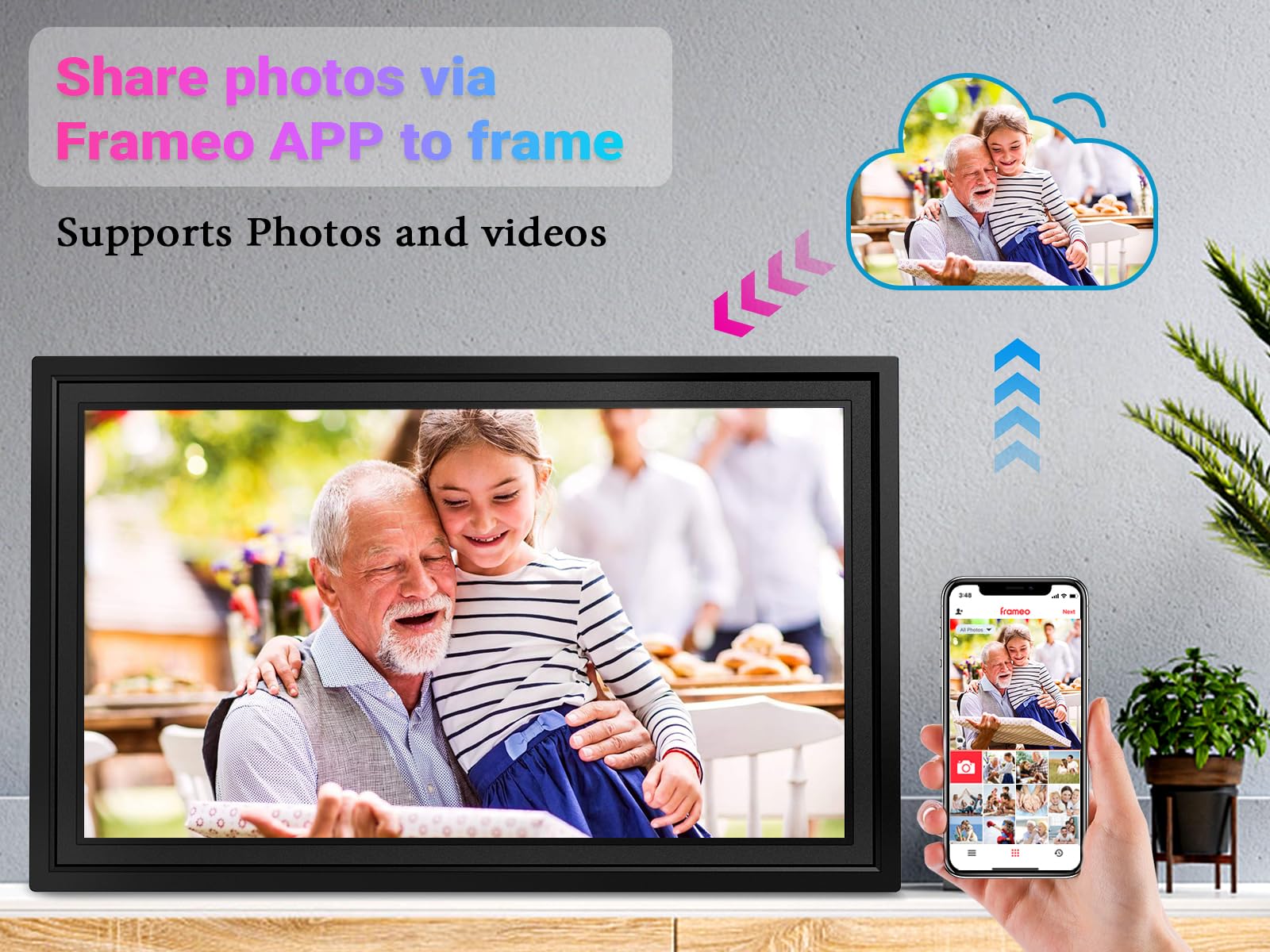 Frameo 10.1 Inch Smart WiFi Digital Picture Frame, 32GB Memory, 1280x800 HD IPS Touchscreen, Digital Photo Frame, Auto-Rotate, Wall Mountable, Share Moments from Anywhere, for Family, Friends-Black