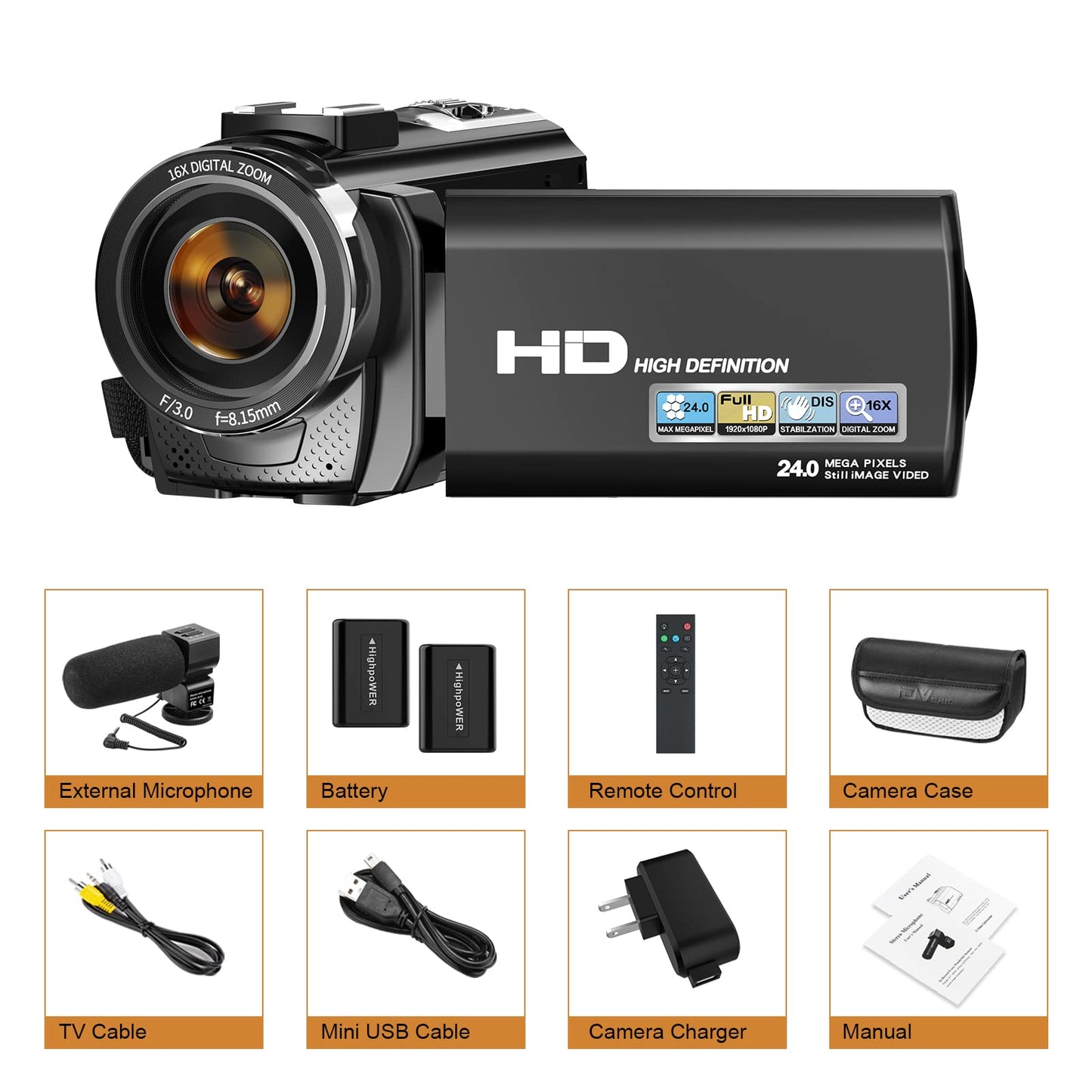 Video Camera Camcorder for YouTube, Digital Vlogging Camera FHD 1080P 30FPS 24MP 3.0 Inch 270° Rotation Screen Video Recorder with Microphone, Remote Control, 2 Batteries