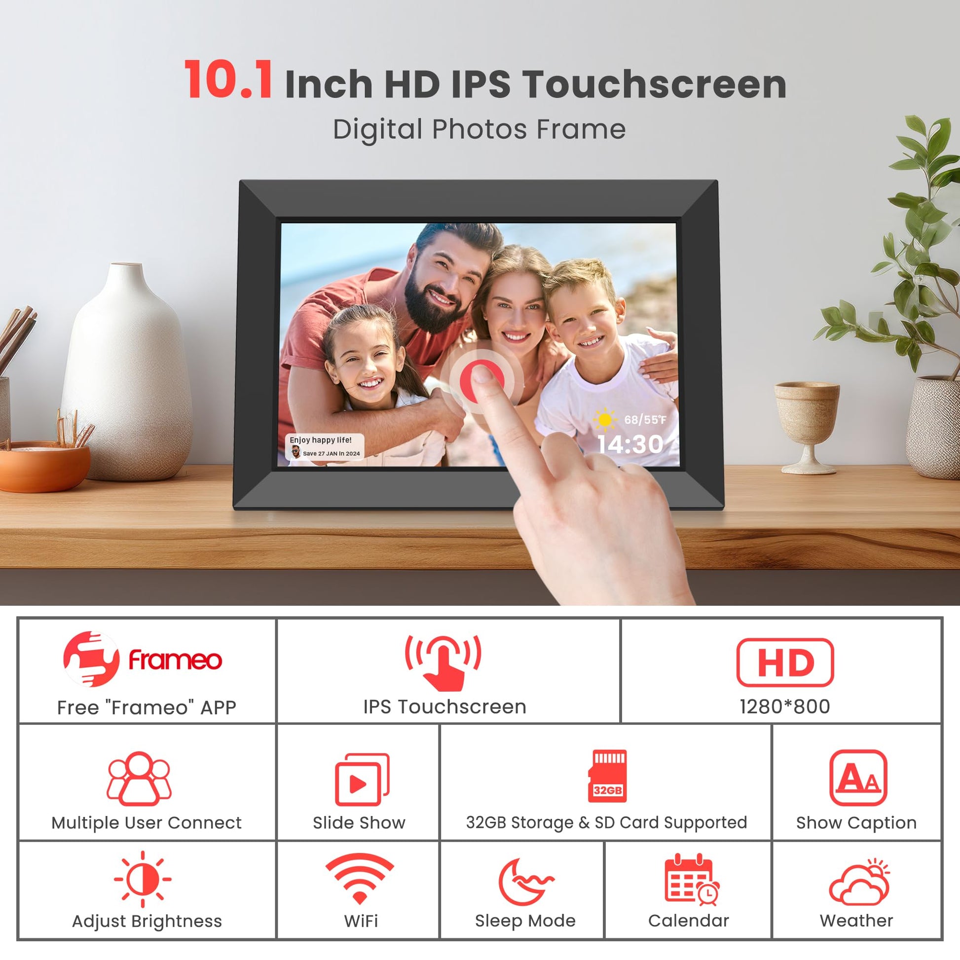 Frameo 10.1 Inch Digital Picture Frame, Smart WiFi Electronic Photo Frame with HD IPS Touch Screen Slideshow Display 32GB Memory Auto-Rotate Wall Mount, Share Photos/Videos from Phone by Frameo App