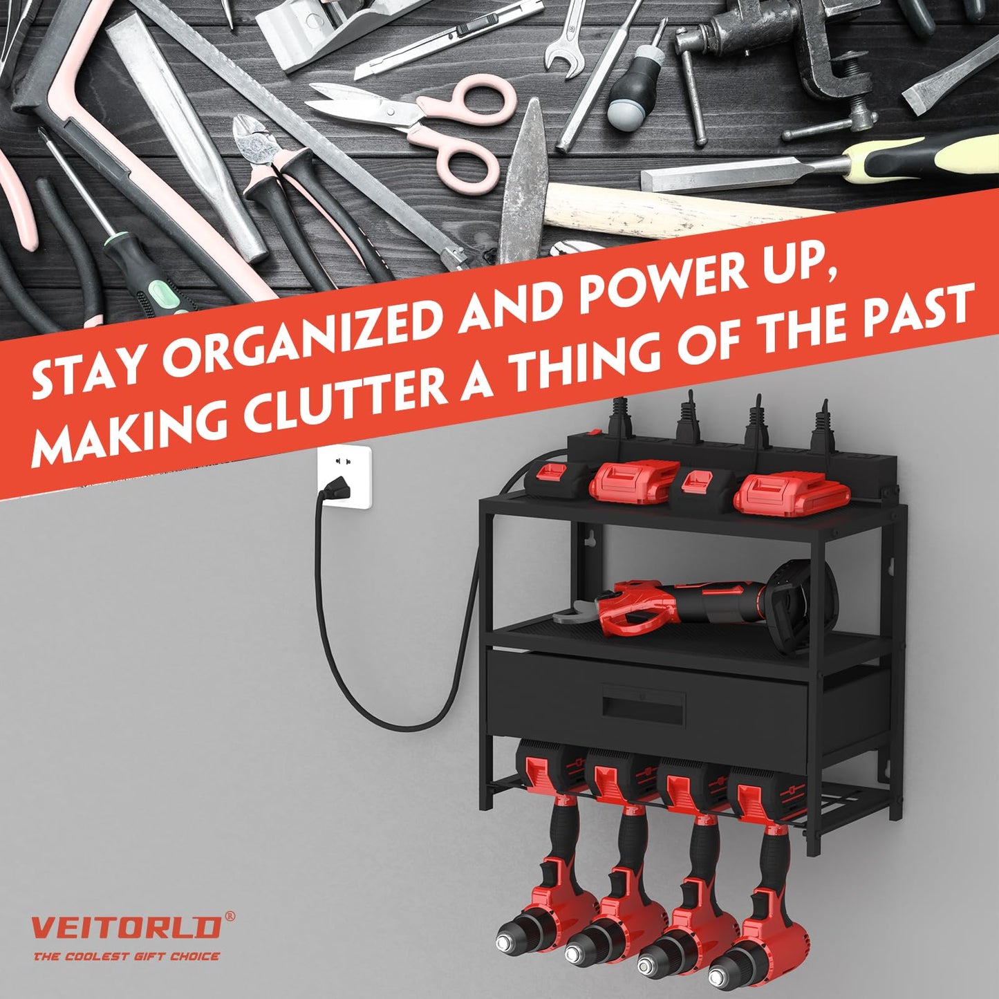 Veitorld Power Tool Organizer with Charging Station, Garage Tool Storage Organizer Built in 8 Outlet Power Strip with Drawers, 6 Drill Holder Wall Mount, Gifts for Men Dad Husband Him Fathers Day