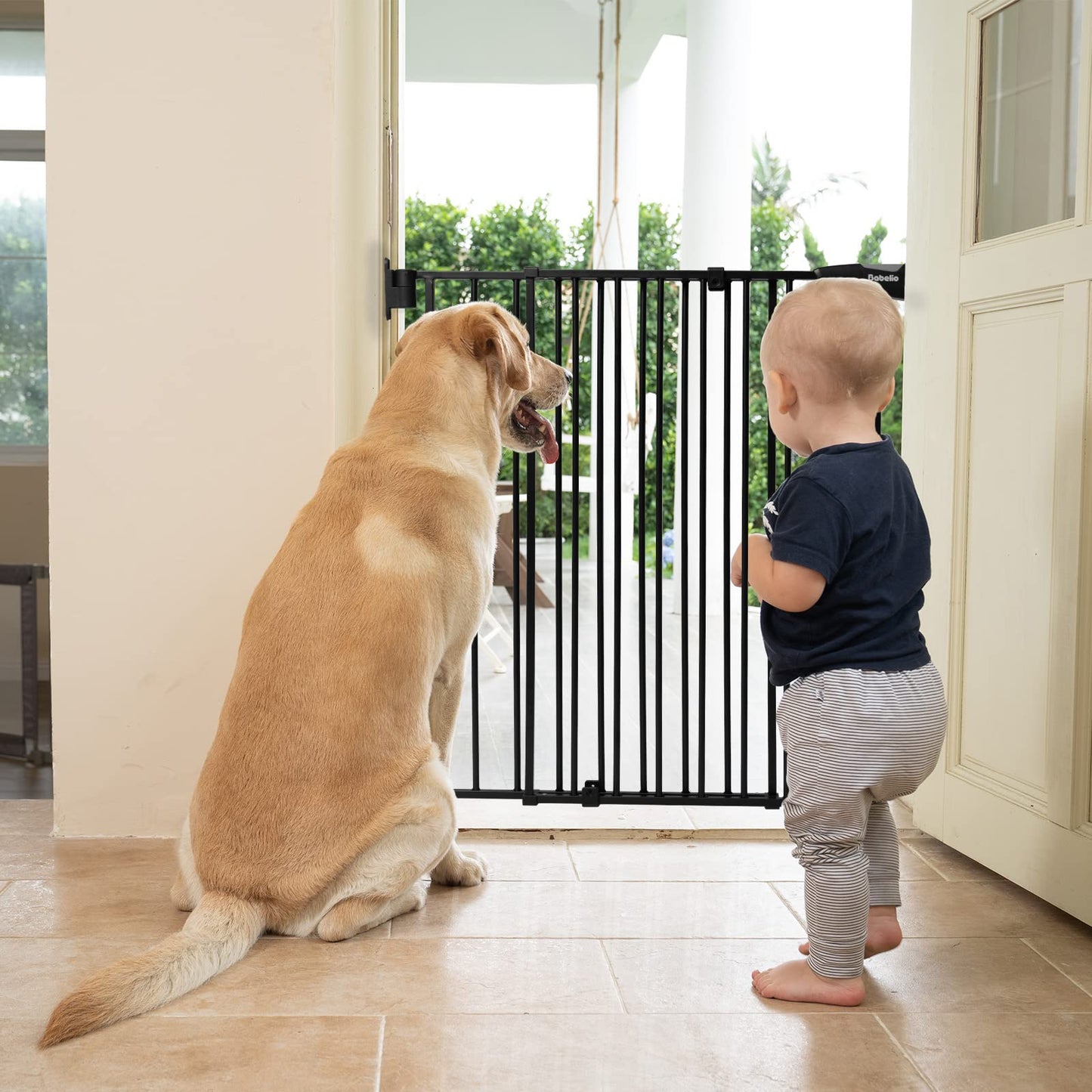 Babelio 26-43" No Bottom Bar Baby Gate for Babies, Elders and Pets, 2-in-1 Hardware Mount Dog Gate for The House, Stairs and Doorways, with Large Walk Thru Door, Black