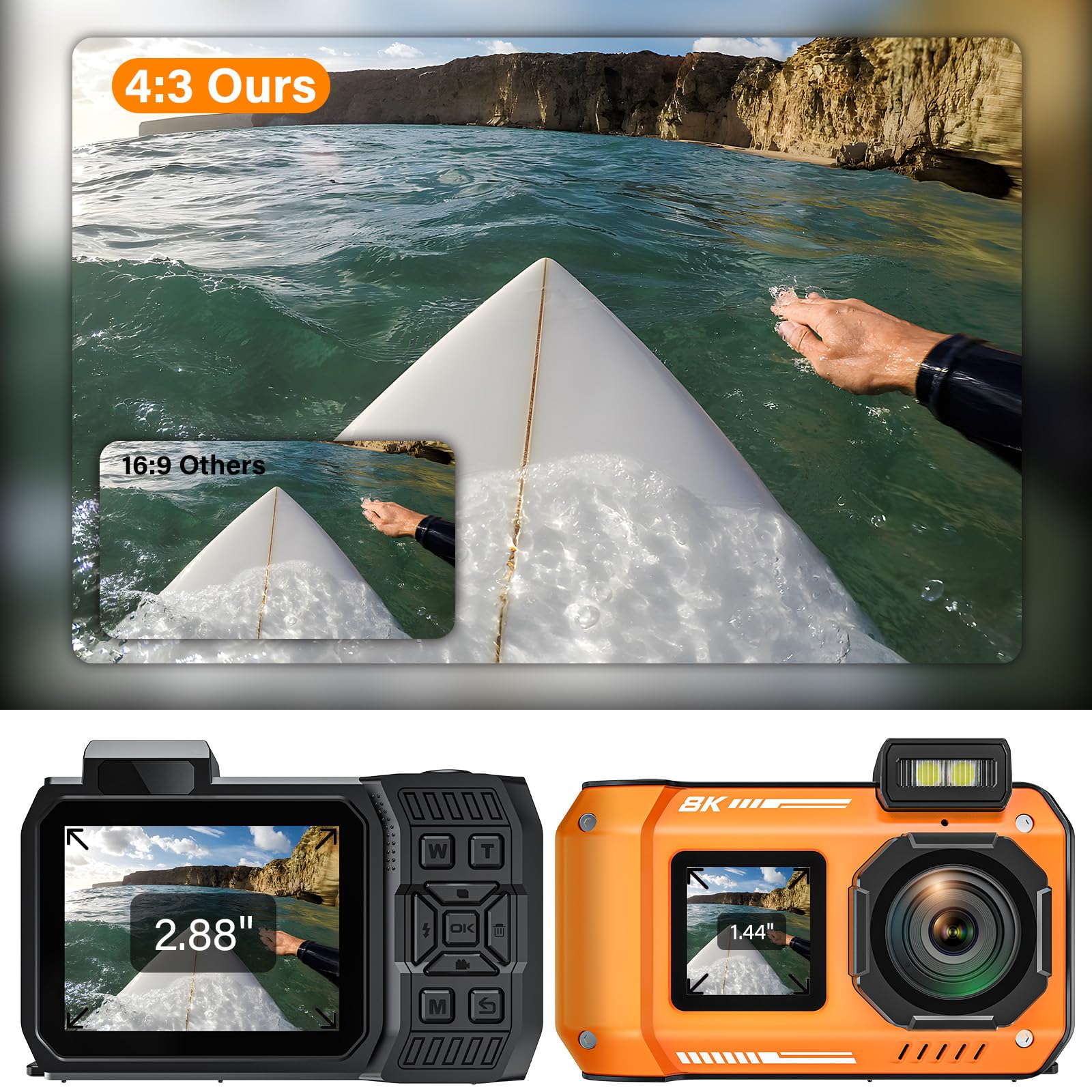 8K UHD 70MP Digital Camera with 32GB Card Rugged Waterproof Dustproof Shockproof 33FT Underwater Camera Dual-Screen Selfie for Snorkeling Autofocus Point and Shoot Digital Camera (Orange)