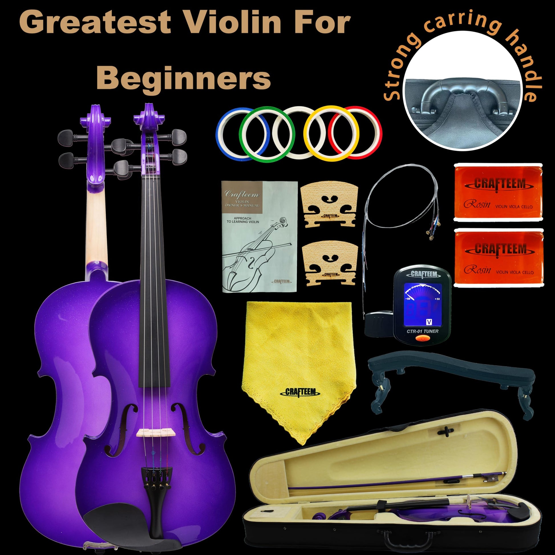 1/2 Fiddle Black Colored Premium Violin Outfit for Beginners Adults Kids With 5 Color Fingering Tape- Handcrafted Student Beginner Violin.(Black, 1/2)