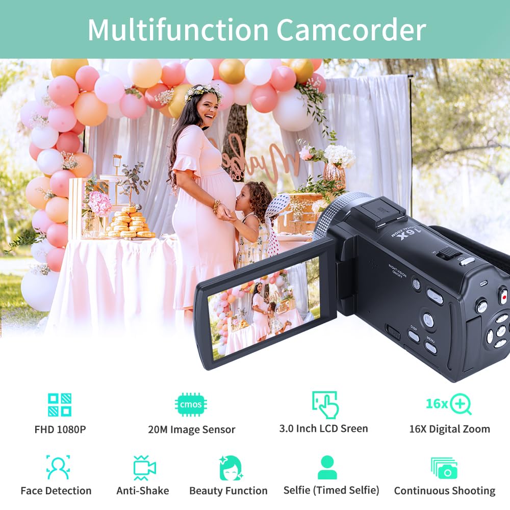 ORDRO Camcorders HDV-V12 HD 1080P Video Camera Recorder Infrared Night Vision Camera Camcorders with 16G Memory Card and 2 Batteries