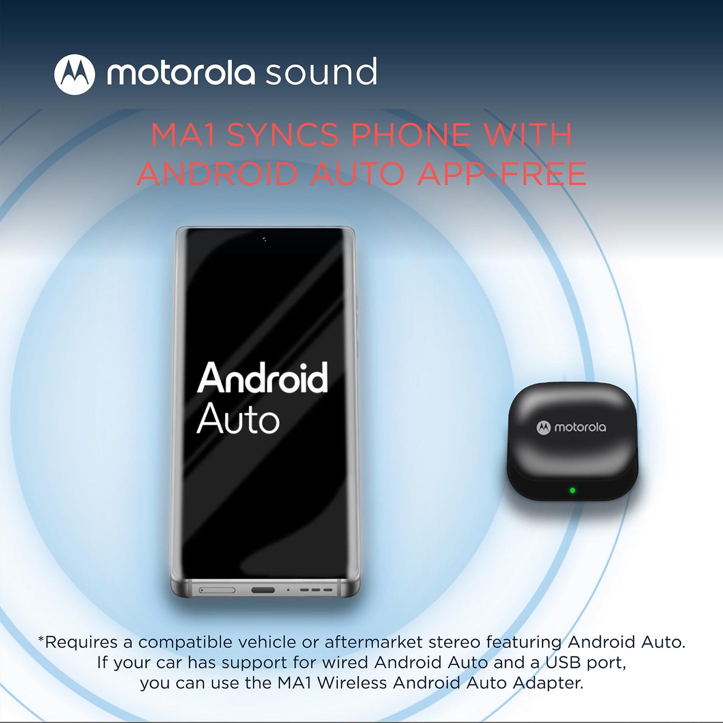 Motorola MA1 Wireless Android Auto Car Adapter - Instant Connection Using Google-Licensed Bridge Technology from Smartphone to Screen - USB Type-A Plug-in - Secure Gel Pad