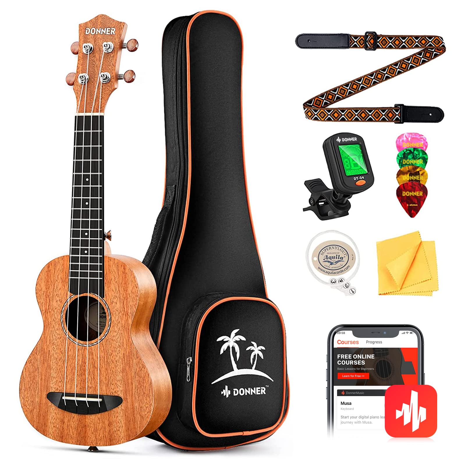 Donner Soprano Ukulele Mahogany Wood 21 inch Ukelele Beginner Kit with Free Online Lesson Gig Bag Strap Nylon String Tuner Picks Ukalalee Yukalalee Bundle Pack DUS-200