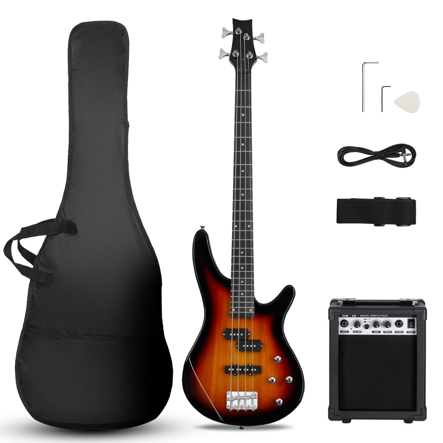 Ktaxon Electric Bass Guitar 4 String Bass Guitar with 20 Watt Amplifier, PJ Type Pickup, Naturally air-dried Maple Neck, Rosewood Fretboard, Basswood Body(Black)