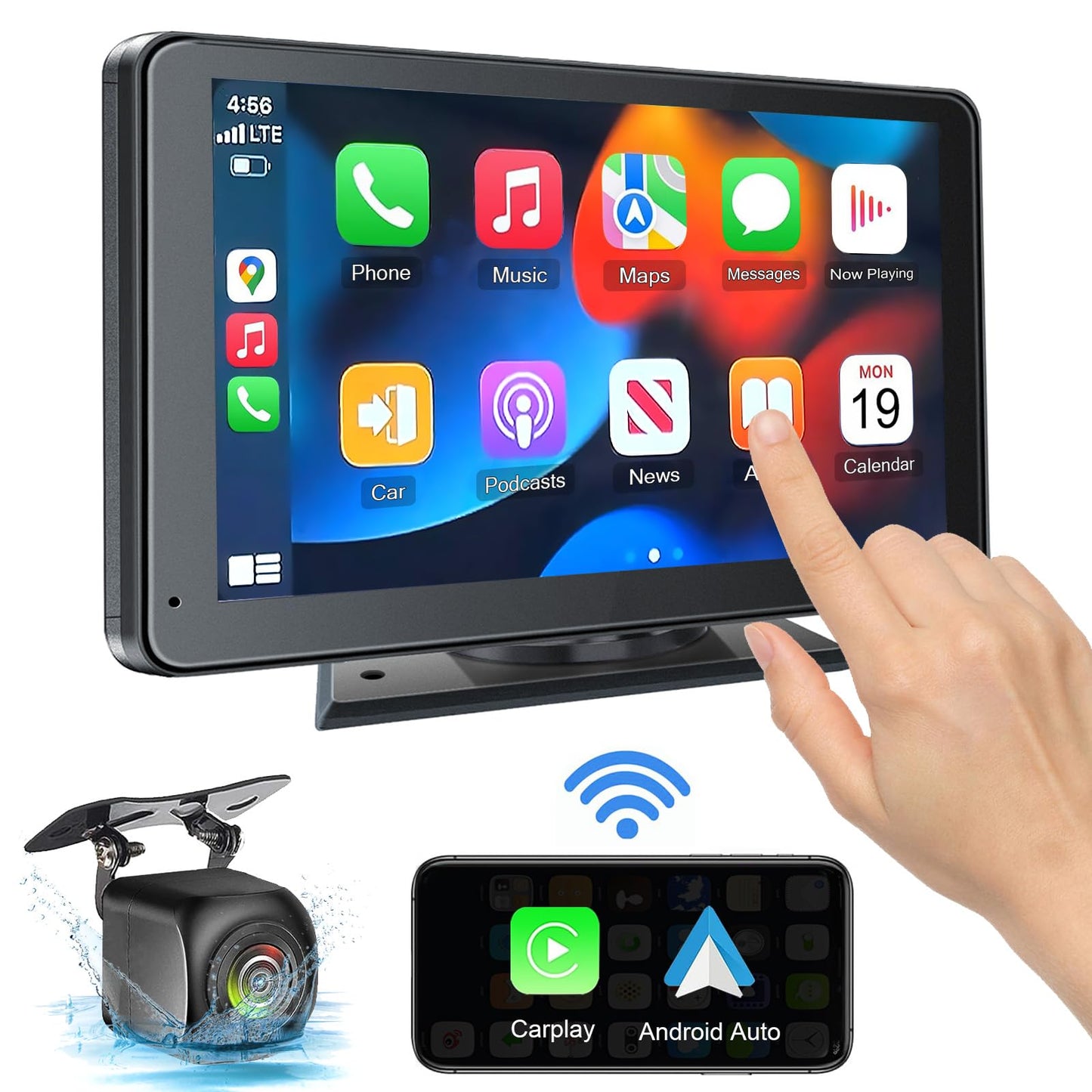 Portable Newest Wireless Apple CarPlay and Android Auto Screen for Car, 7" HD Touch Screen Car Stereo with Mirror Link, Bluetooth 5.2, Backup Camera, AUX,FM Transmitter for All Vehicle