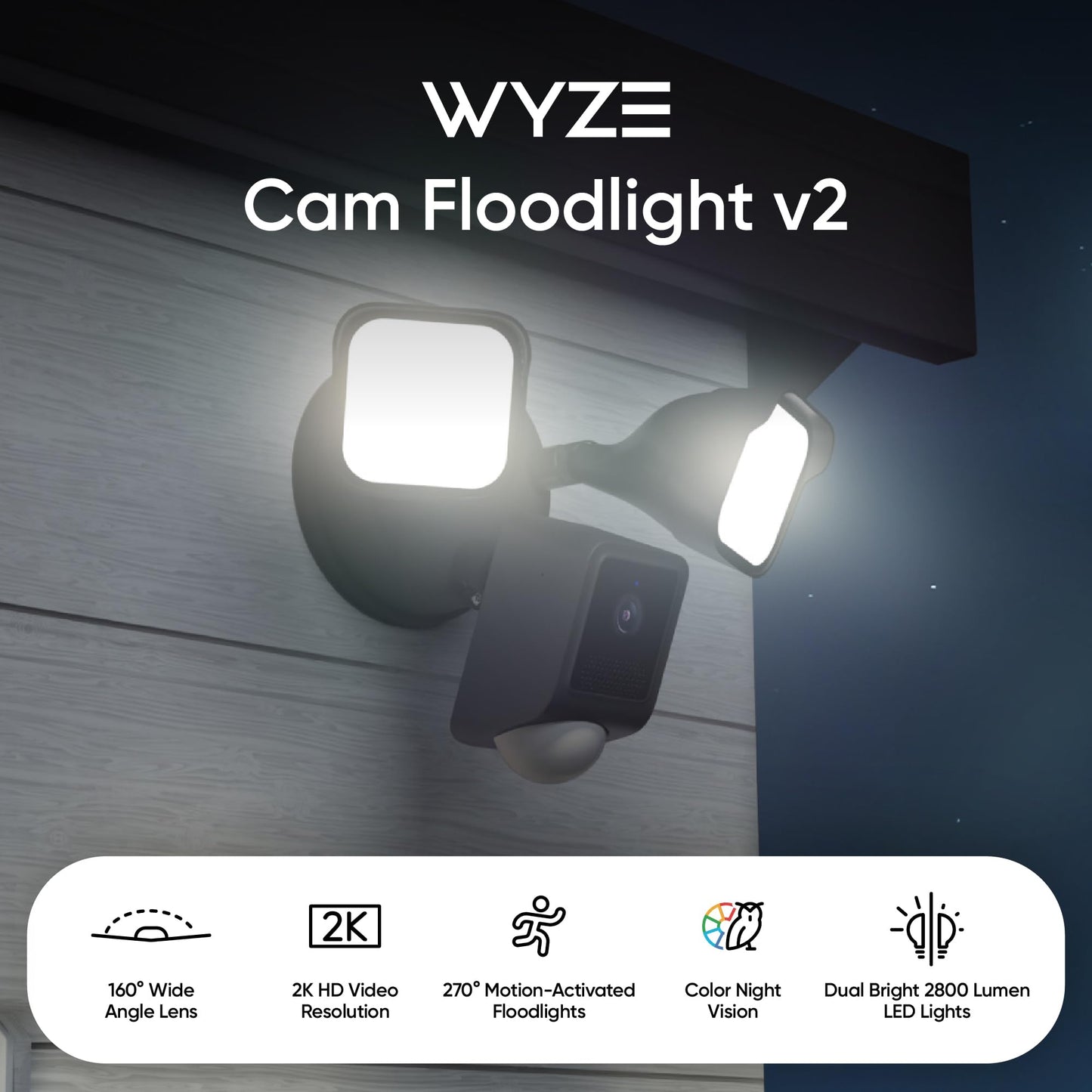 WYZE Floodlight Camera v2, 2800-Lumen LEDs, 2K HD Outdoor Security Camera, 160° Wide View, Motion Activated Light, 105dB Siren, Color Night Vision, Compatible with Alexa &amp; Google Assistant, Wired