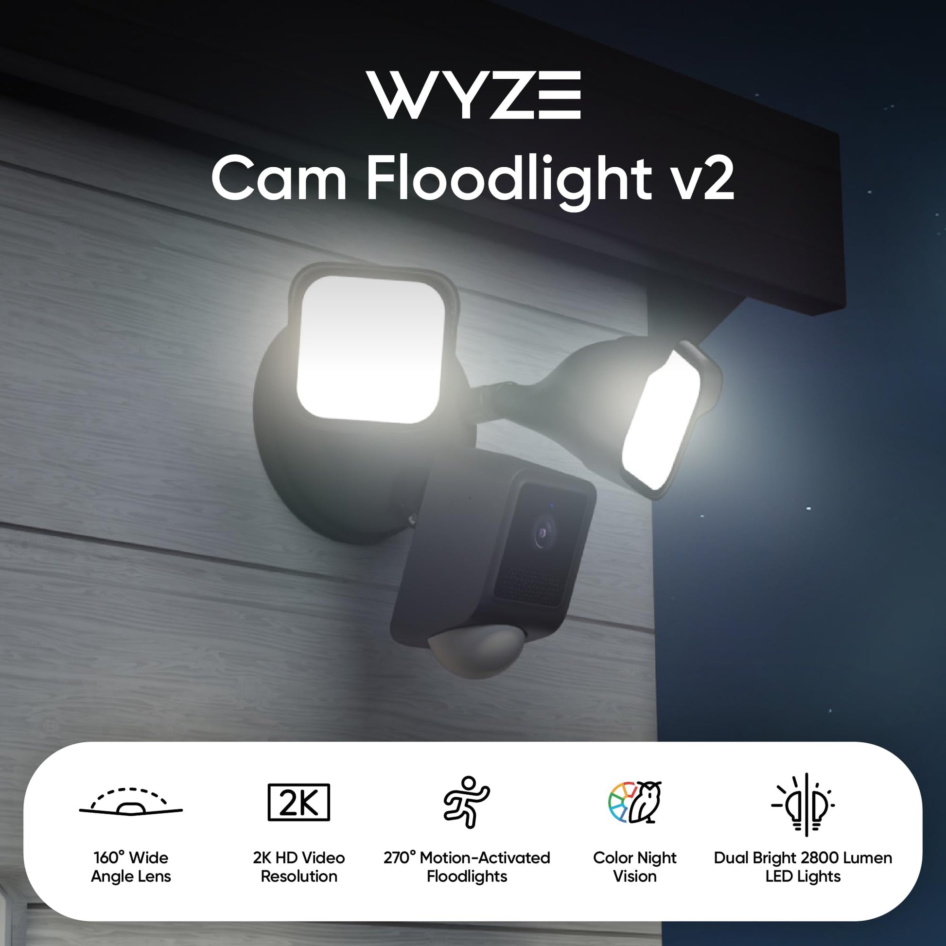 WYZE Floodlight Camera v2, 2800-Lumen LEDs, 2K HD Outdoor Security Camera, 160° Wide View, Motion Activated Light, 105dB Siren, Color Night Vision, Compatible with Alexa &amp; Google Assistant, Wired