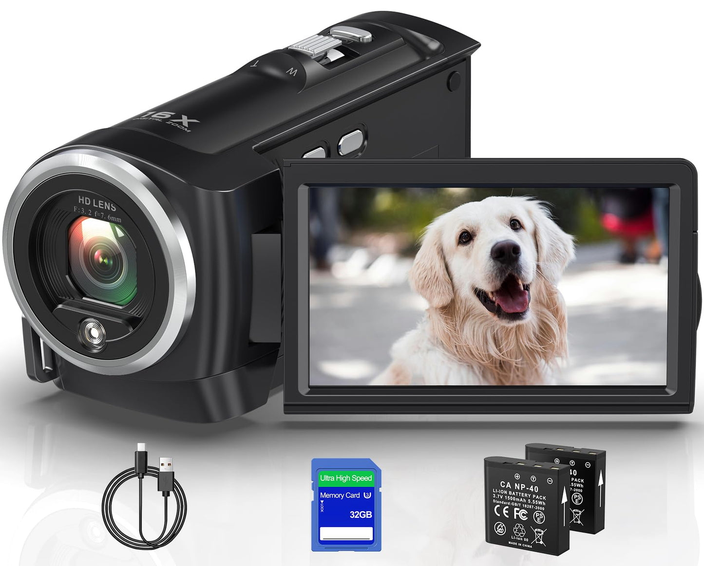 2.7K Video Camera Camcorder QHD 50MP YouTube Vlogging Camera 16X Digital Zoom Webcam 270 Degree Rotation Screen Camcorders with 32G SD Card and 2 Batteries Recording While Charging