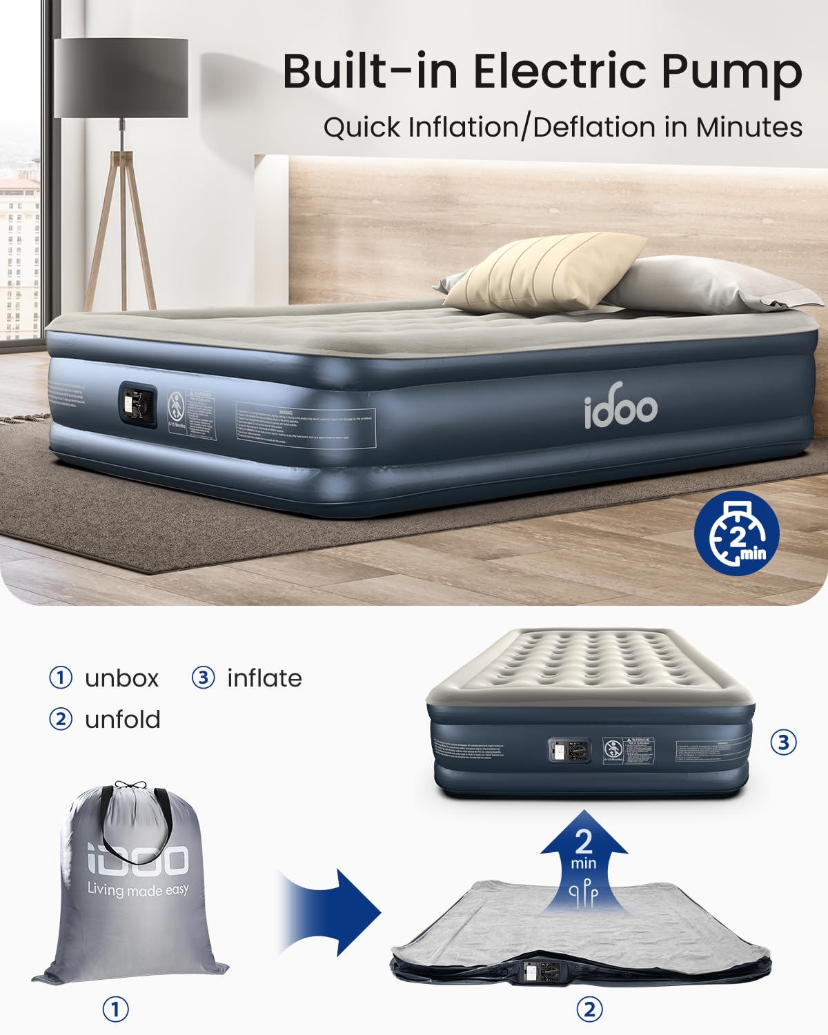 iDOO Queen Air Mattress with Built in Pump, 18 Raised Comfort Blow up Mattress, Upgraded Four Chamber Airbed, Inflatable Mattress for Guests and Home, colchon inflable, Air Bed, 650 lbs Max