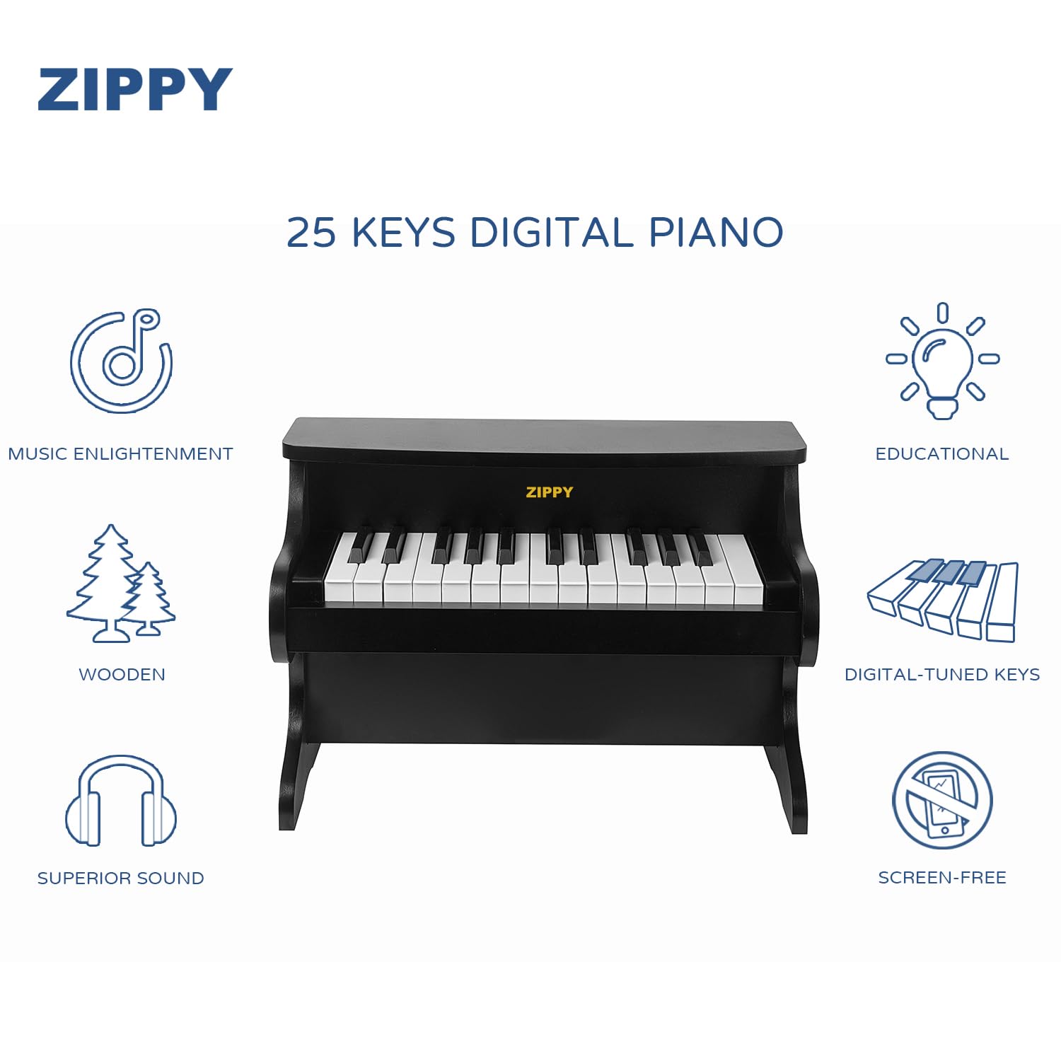 ZIPPY Kids Piano Keyboard, 25 Keys Digital Piano for Kids, Mini Music Educational Instrument Toy, Wood Piano for Toddlers Girls Boys, Black