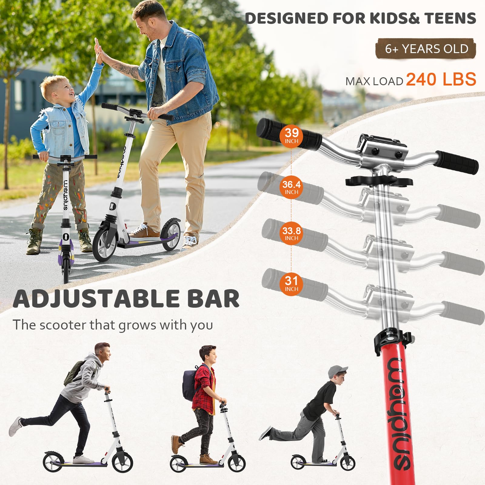 Kick Scooter for Ages 6+,Kid, Teens &amp; Adults. Max Load 240 LBS. Foldable, Lightweight, 8IN Big Wheels for Kids, Teen and Adults, 4 Adjustable Levels. Bearing ABEC9