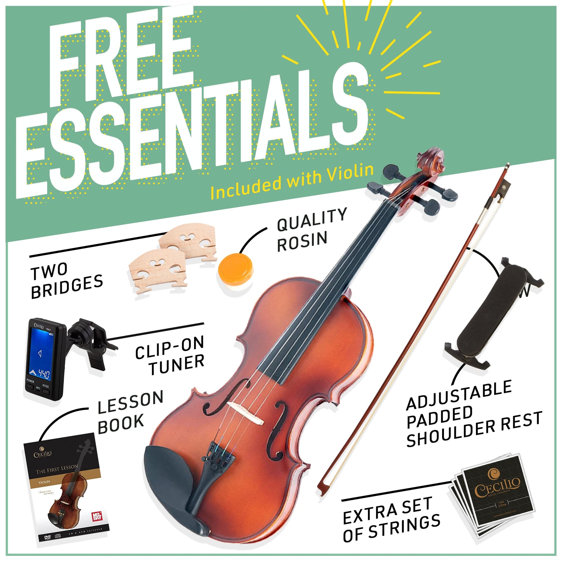 Mendini By Cecilio Violin For Kids &amp; Adults - 1/2 MV300 Satin Antique Violins, Student or Beginners Kit w/Case, Bow, Extra Strings, Tuner, Lesson Book - Stringed Musical Instruments