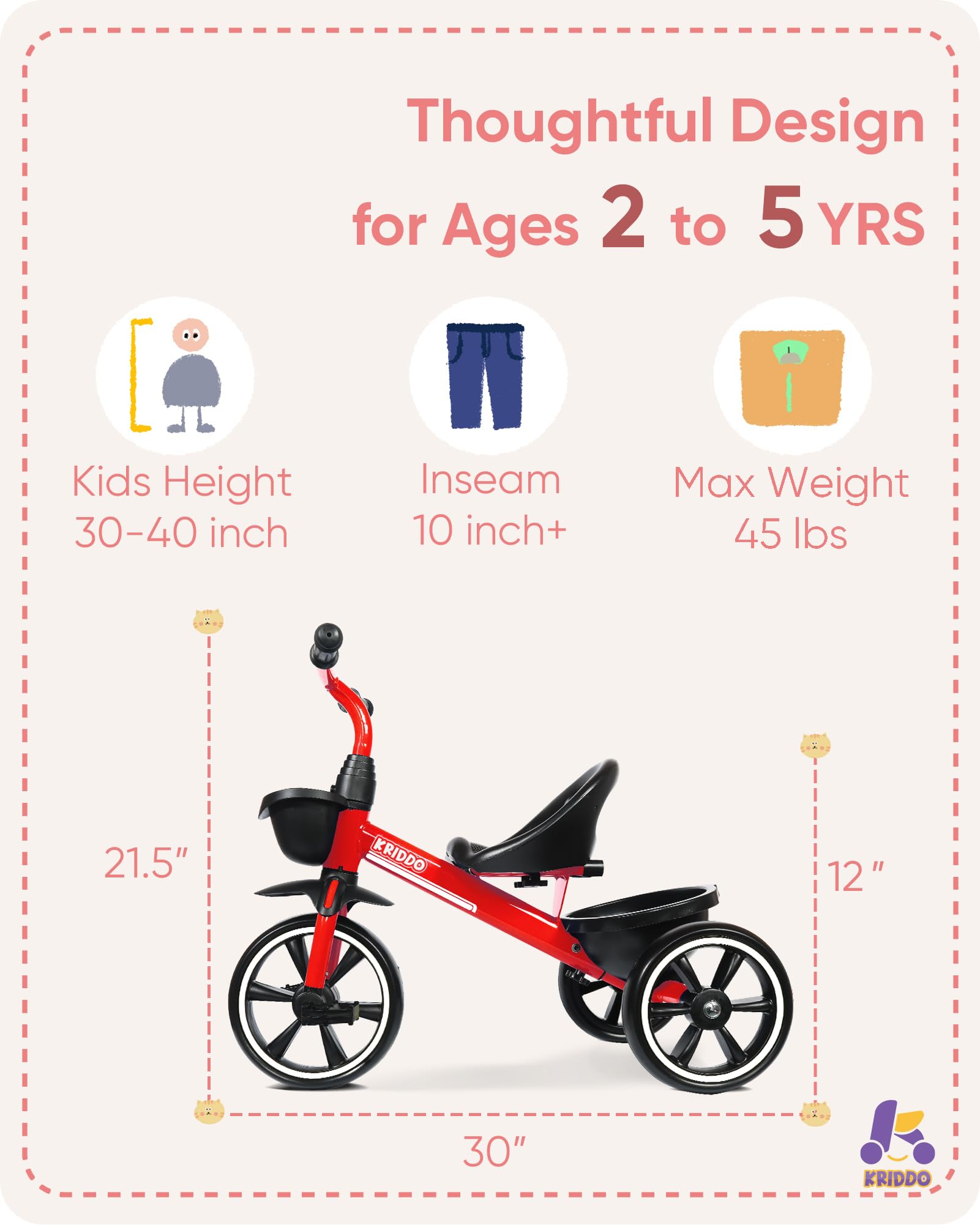 KRIDDO Kids Tricycle for 2-5 Year Olds - Gift for Toddlers - Black