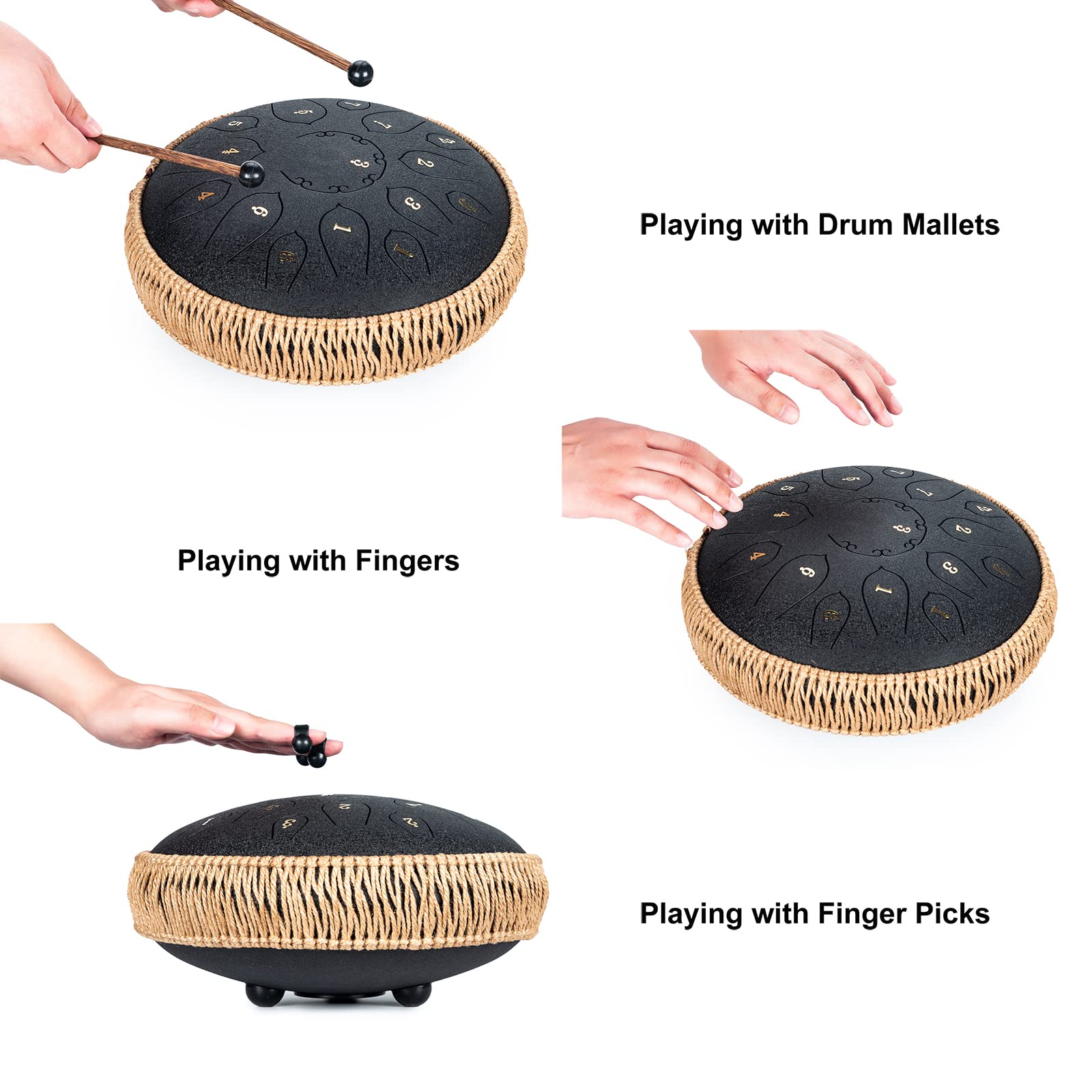 Steel Tongue Drum - 15 Note 12 Inch Tongue Drums - Percussion Instruments - Hand Pan Drum with Music Book, Drum Mallets and Carry Bag, D Major, Black